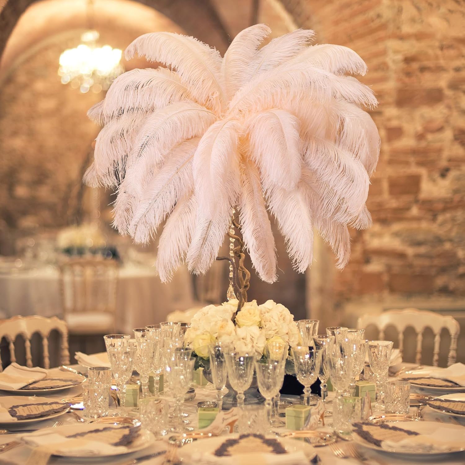 Retrowavy 50 Pcs 14-16 Inches Large Natural Ostrich Feathers Bulk for Centerpieces for Wedding Party Centerpieces Home Decoration Flower Arrangement(Champagne)