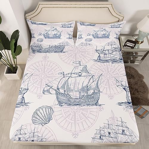 Juego de ropa de cama náutica de velero, tamaño individual, color azul y blanco, estilo vintage, sábana bajera ajustable de lujo con patrón de