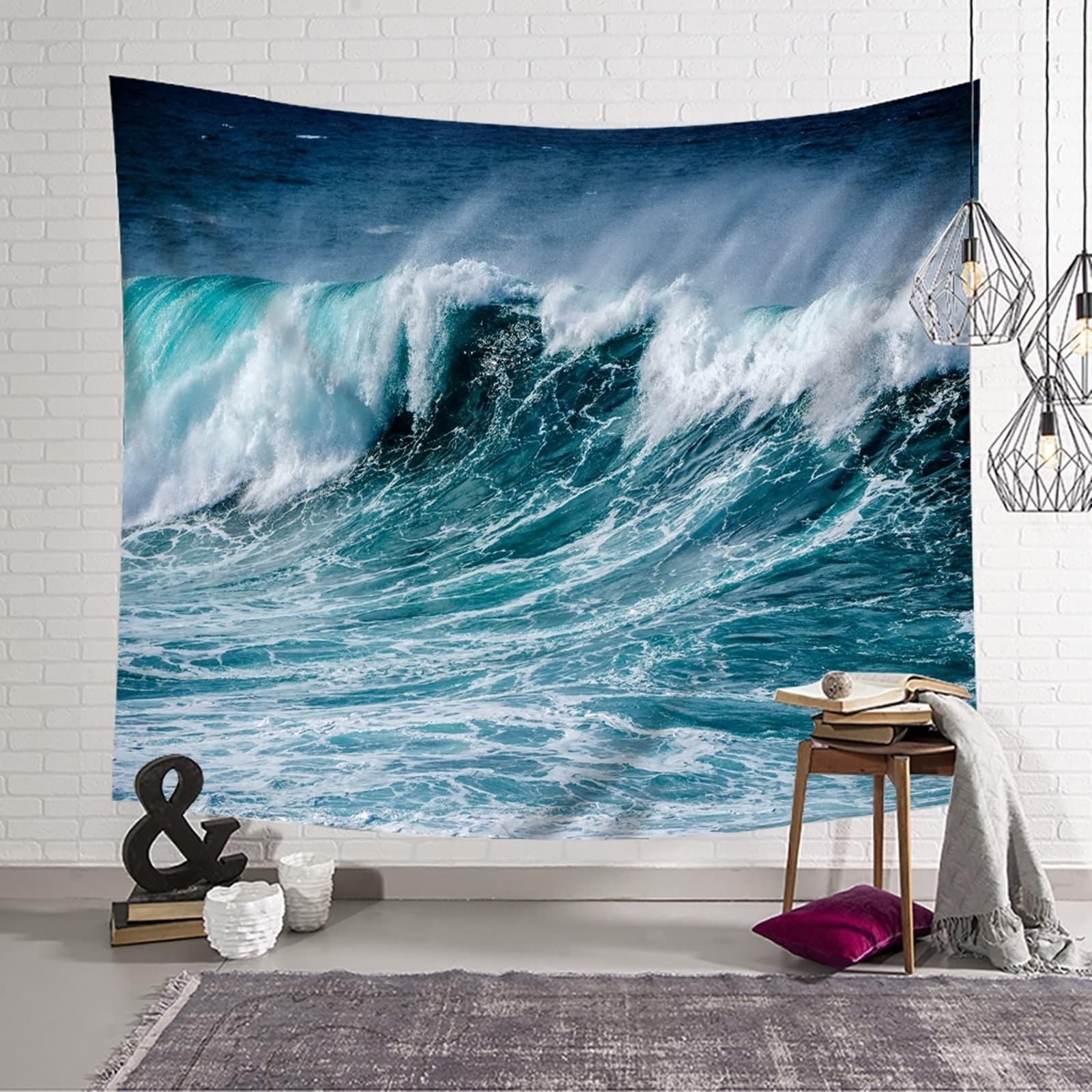 Tapiz gris tela de pared blanca XL Olas del océano Microfibras para el dormitorio, salón, oficina, apartamento, 300 x 256 cm (Ancho x Alto)