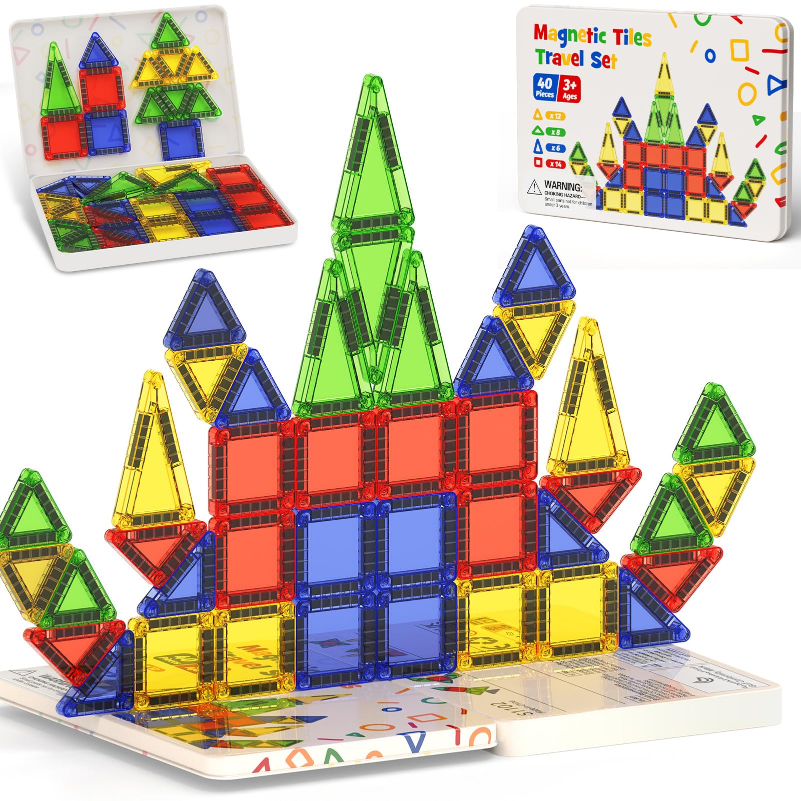 Magnetic Tiles Construction Set 42pcs Travel Toys for Kids Portable MINI Magnet Building Blocks Toy On-The-Go Fun Magnet STEM Montessori Toy Gift for 3+ Years Toddlers (40pcs Magnetic Tiles)