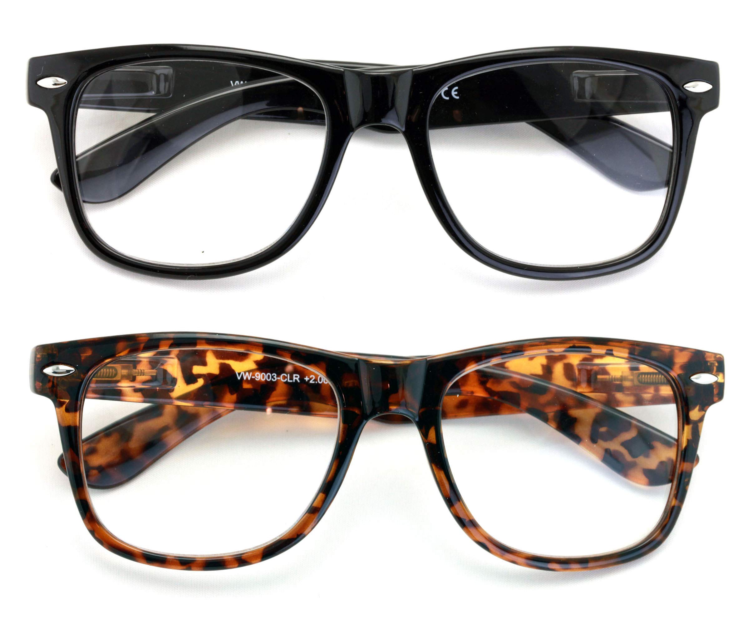 V.W.E. 2 Pairs XL Large Reading Glasses - Oversized Wide Fitment Clear Lens - Powers From 1.00 to 6.00 Readers (1 Black 1 Tortoise, 1.50, x)