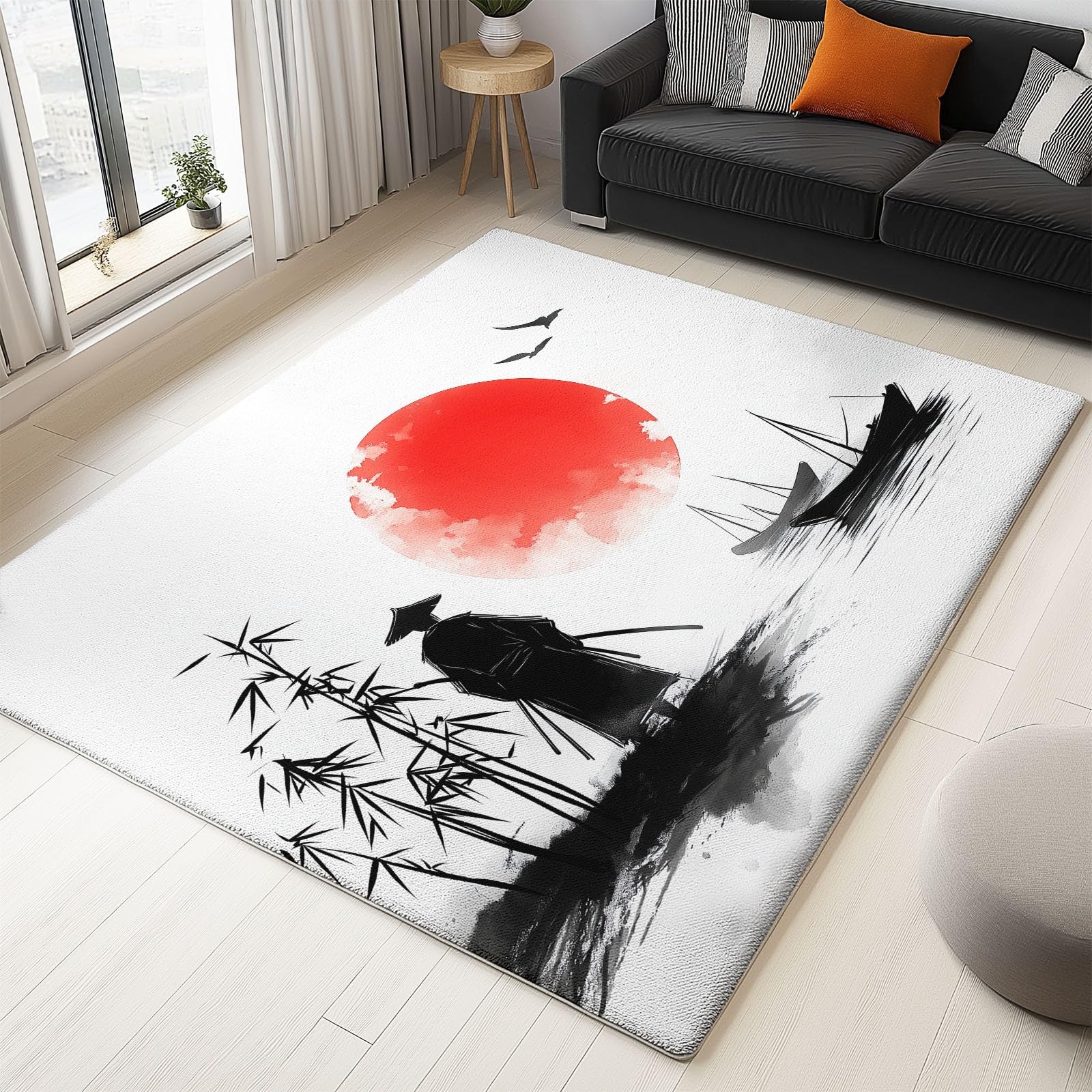 Genérico Alfombra Salon Samurái Japonés De Bambú Y Barco 160x230 cm Alfombras Habitacion Grandes Antideslizante Lavable Moderna, Dormitorio Sala Comedor Pie Cama Pelo Corto Carpet