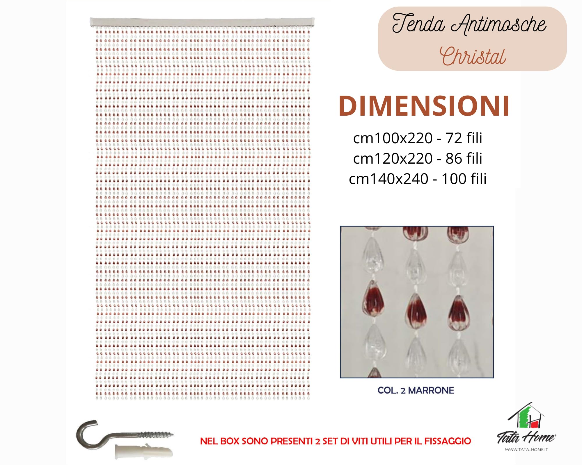 Tata Home Tenda Antimosche Perline a Goccia per Porta Finestra a Pannello Moschiera con Catenelle da Esterno Tenda Divisoria da Interno Misura 120x220 cm Trasparente-Marrone Mod. Christal