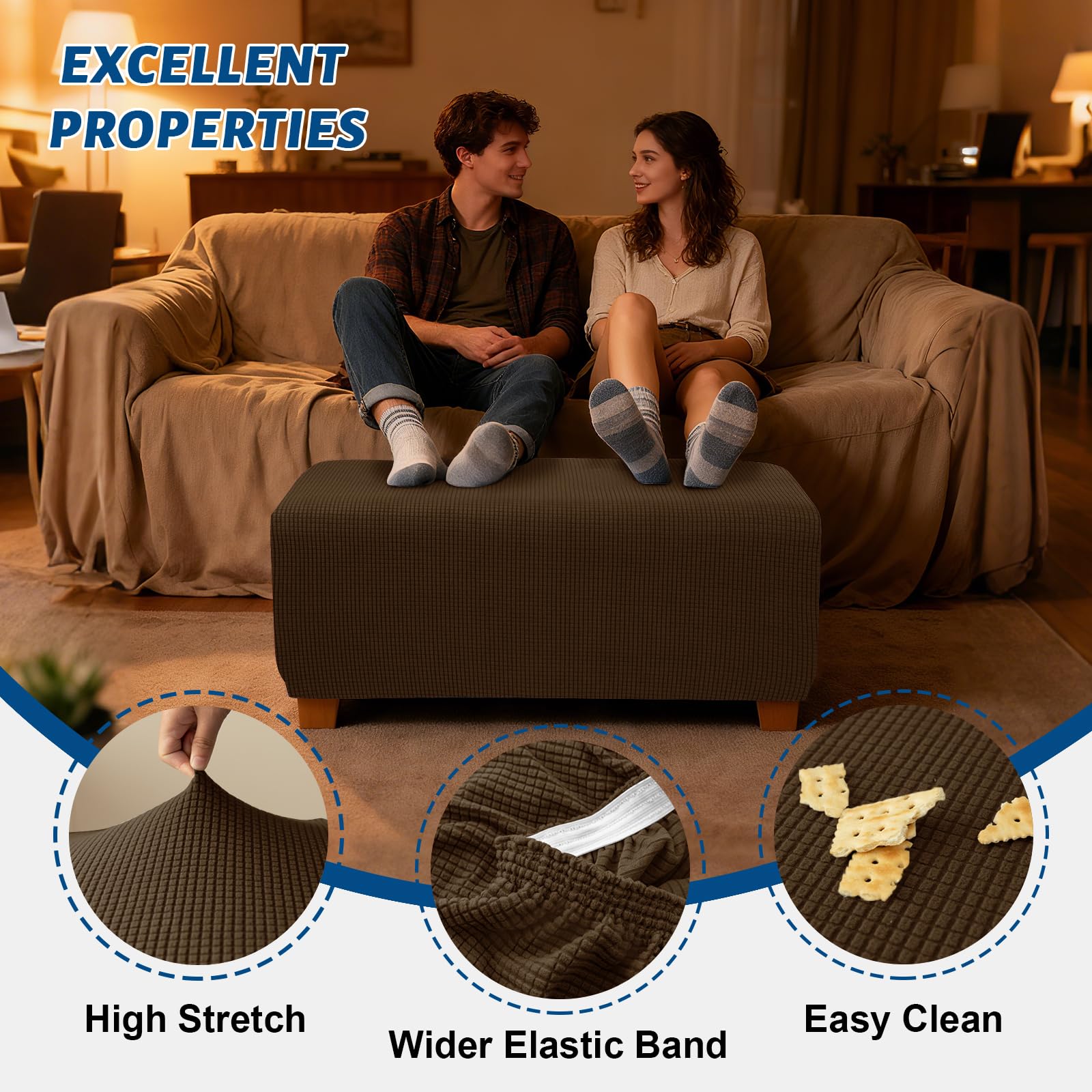 Funda Reposapiés en Jacquard Cuadrado/Rectangular, Cubierta Otomana Sofá Protector Extensible Funda de Puf Taburete con 2 Correas (Caramel,1pc Rectangle L)