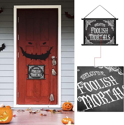 Miniatura 4 de 2 pancartas colgantes de calavera gótica de Halloween con letrero de bienvenida de tontos mortales para porche, decoraciones espeluznantes para