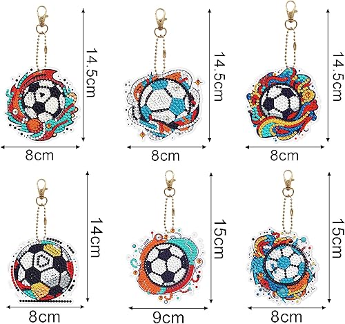 Miniatura 7 de LUSandy Juego de 6 llaveros de pintura de diamantes de bola de fútbol colorida 5D de doble cara, bolas de fútbol de forma especial, llavero de arte