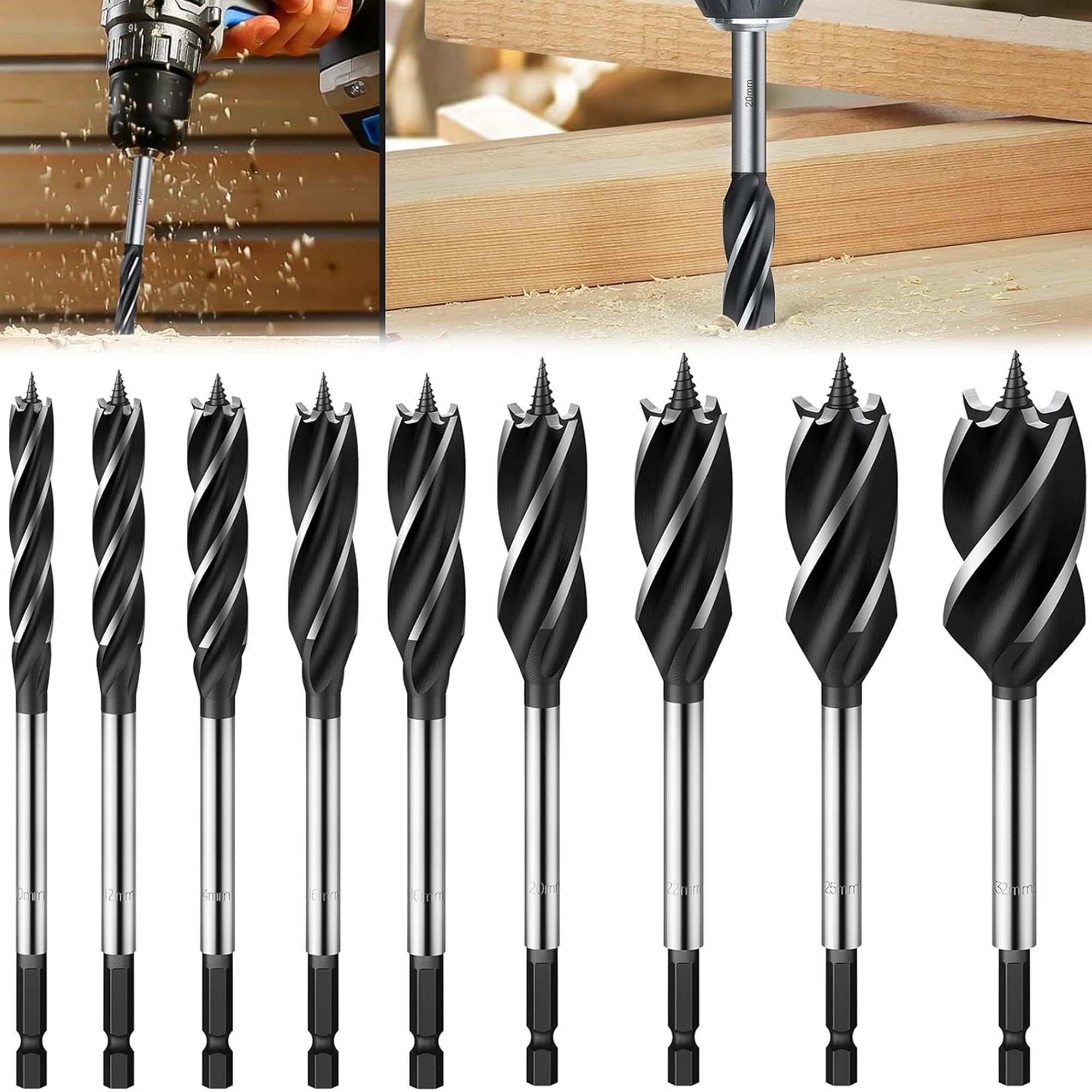 9 Piezas Brocas Madera, Juego de Brocas para Madera Taladro de Escariado, Carpintería de Corte Rápido de Acero de Alto Carbono 10, 12, 14, 16, 18, 20, 22, 25, 32mm