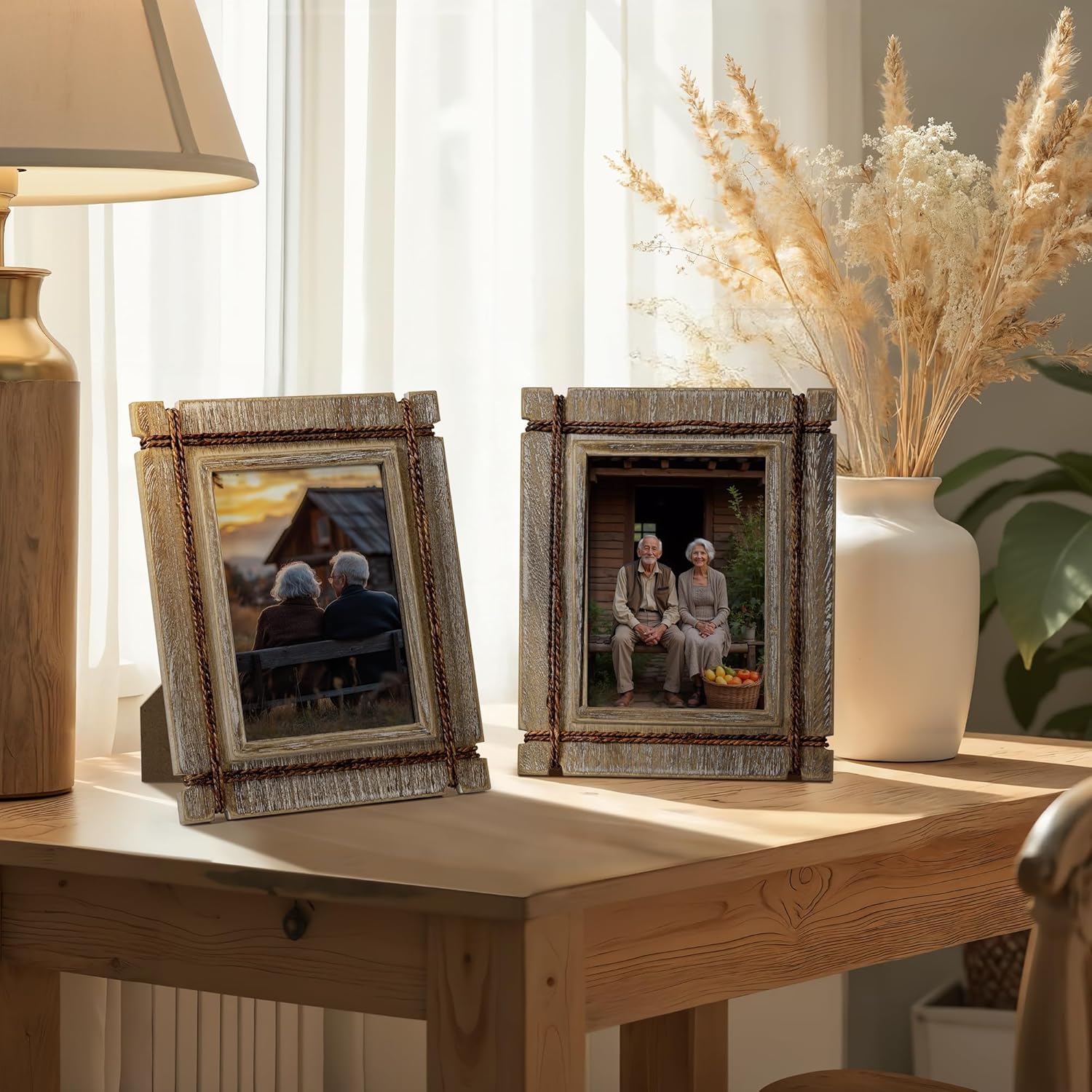 Afuly 5x7 Picture Frames Set of 2 Rustic Wood Farmhouse Distressed Western with Real Glass & Hemp Rope Unique Wall Hang Desktop Photo Display Home Decor Birthday Gifts for Mom Dad Friends