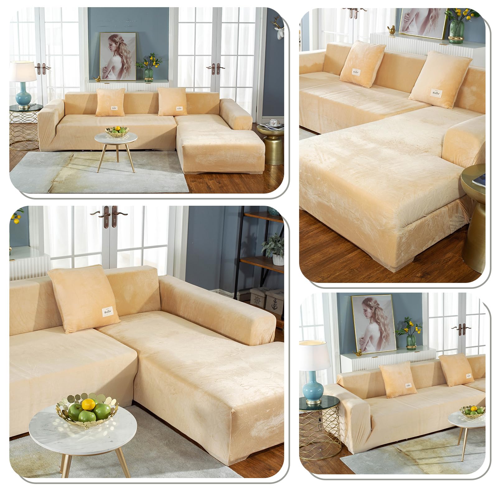 Funda Sofa Chaise Long, 2 Piezas, Antideslizante Elástico Funda de Sofá para Sala Protector para Perros Mascotas (1 Plaza, Beige)
