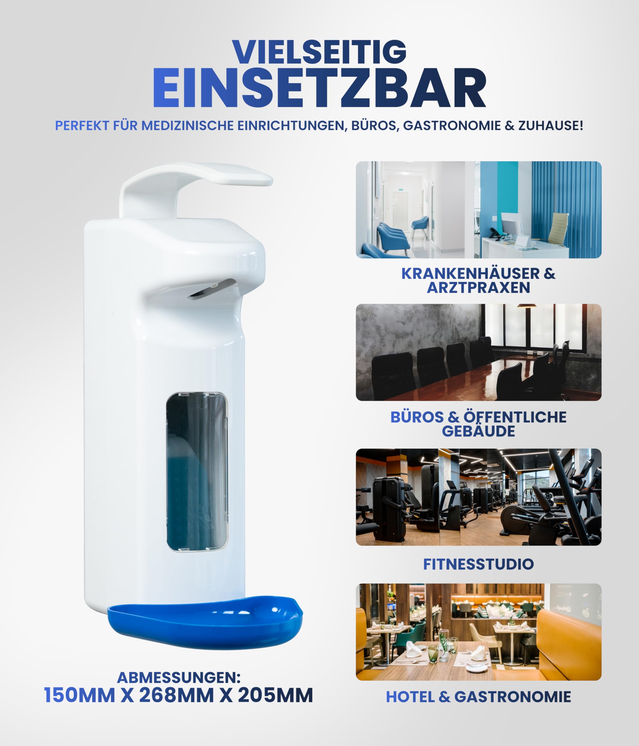 Dispensador desinfectante SD2015, dispensador manual de palanca de brazo para 500 – 1000 ml – Eurodispensador recargable (blanco con bandeja de goteo azul)