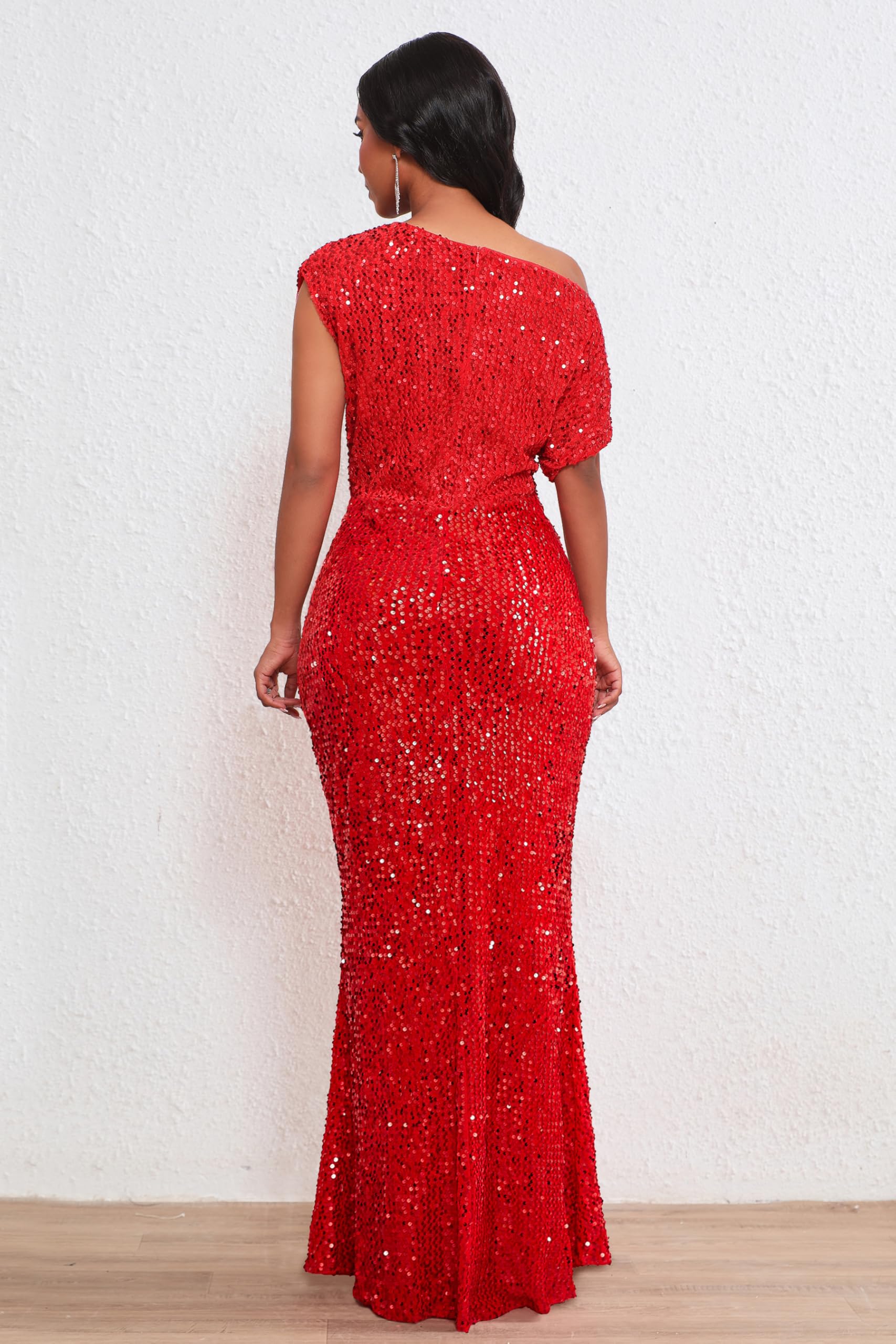 VERWIN Maxi abito da donna con paillettes, con volant, monospalla, aderente, scintillante, per feste e cocktail
