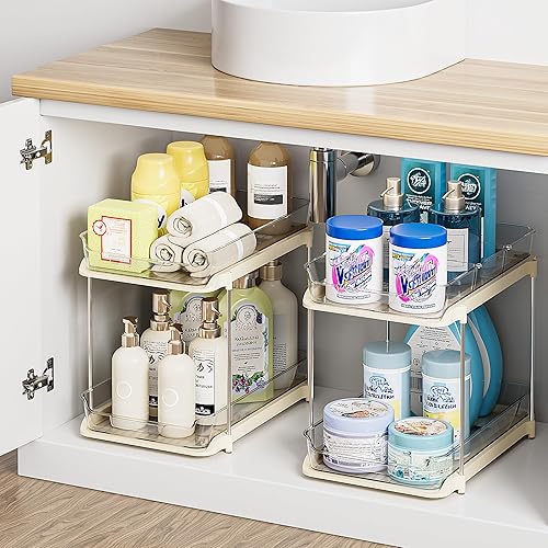 Vista 23 de Delamu 2 juegos de organizadores y almacenamiento multiusos de 2 niveles para baño debajo del fregadero, organización apilable de despensa de Ámbar