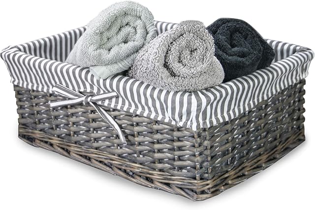 Grey Wicker Basket | Striped Lining Included | Bathroom, Home & Laundry Storage | Wooden Organiser | Decorative Hamper & Shelf Basket | M&W (Large)