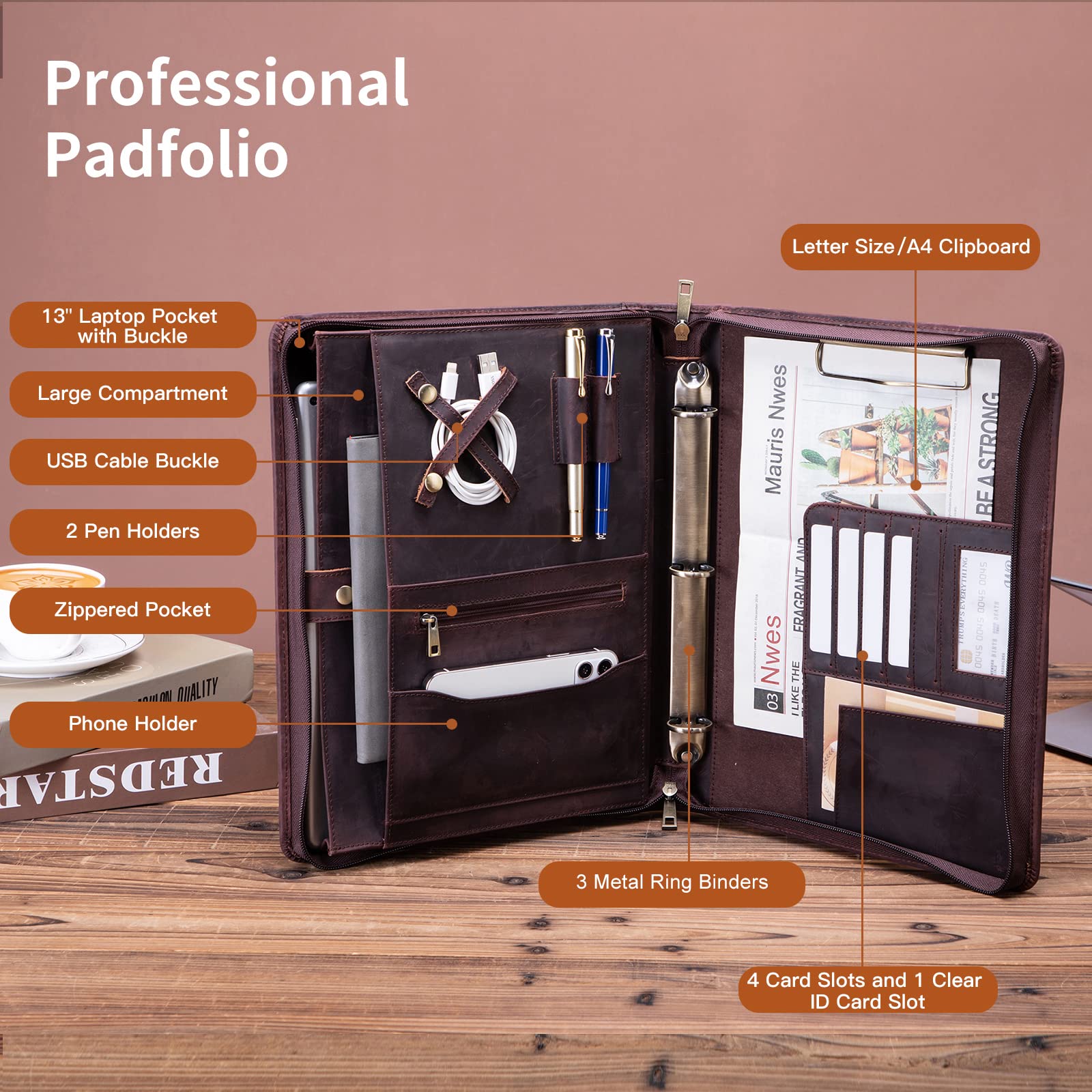 Portfolio z prawdziwej skóry z uchwytem i zamkiem błyskawicznym, segregator 3-pierścieniowy, A4 Clipboard Laptop Sleeve Business Organizer Prezent dla mężczyzn i kobiet, ciemnobrązowy