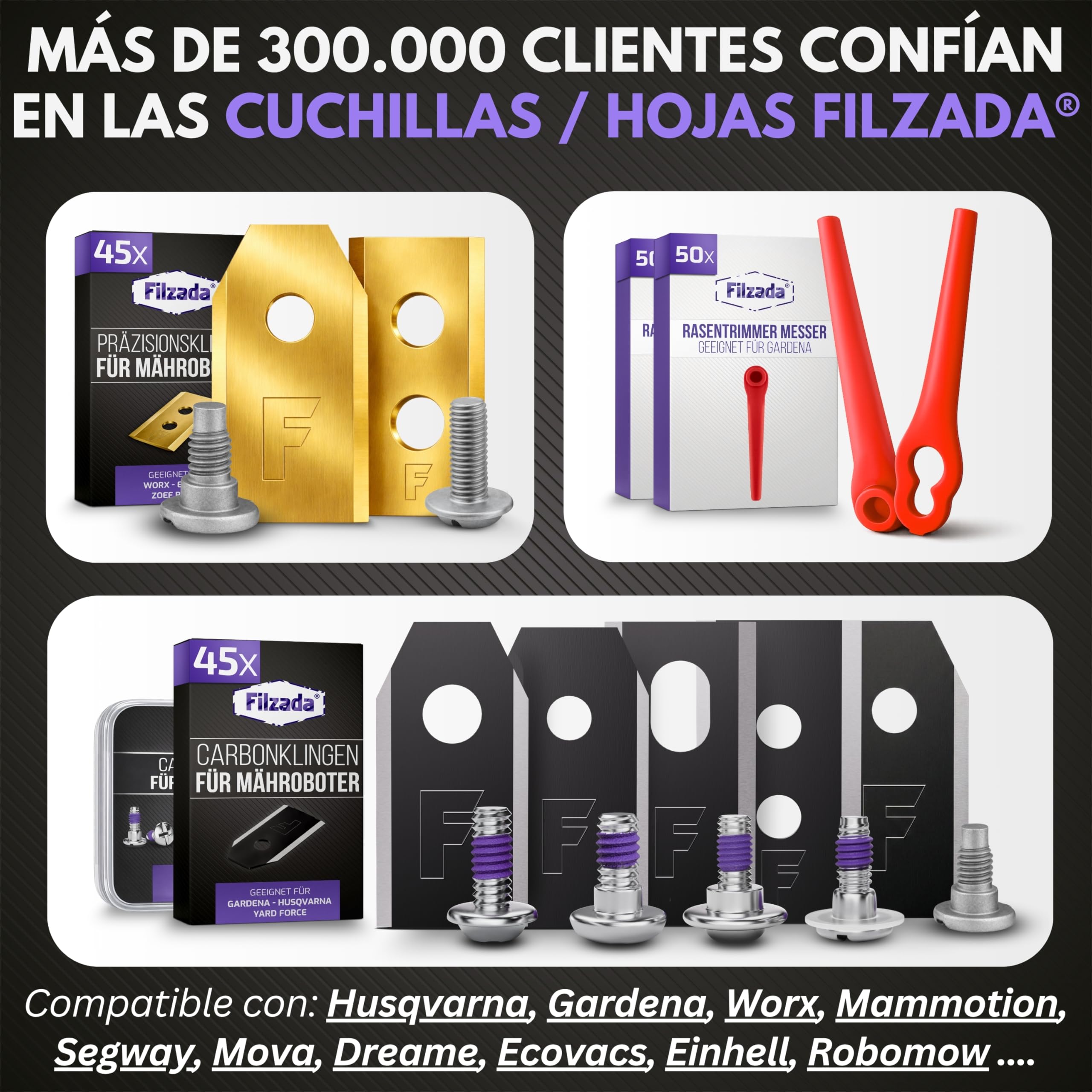 Filzada® 45x Cuchillas de titanio adecuadas para todos los cortacéspedes automáticos de Husqvarna - Cuchillas para cortacéspedes automáticos adecuadas para Husqvarna 305, 308, 310, y muchas más.