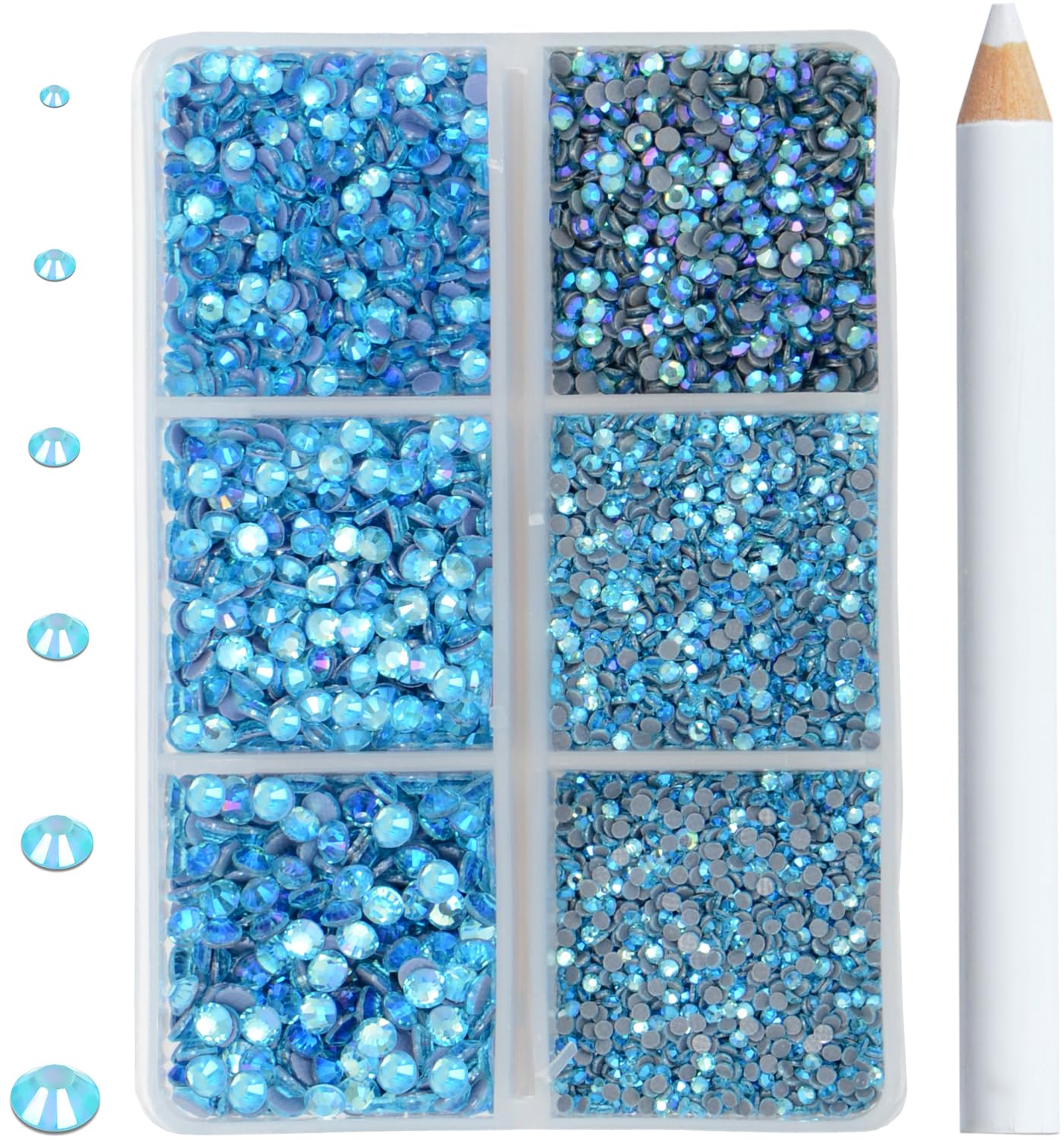 8000pcs Hotfix Rhinestones Flatback,Rhinestones for Crafts Clothes Mixed 6 Sizes, Hotfix Crystals with Wax Pencil Kit, SS3-SS12,Aquamarine AB