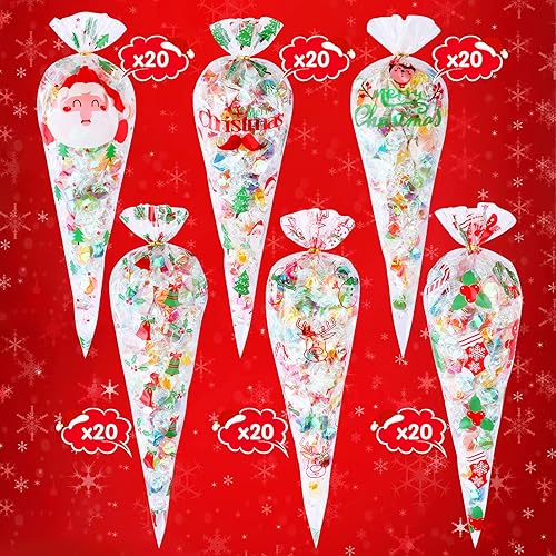 Miniatura 7 de Konsait 120 bolsas de dulces de Navidad, bolsas de celofán, bolsas de golosinas de cono transparente para galletas con lazos giratorios para
