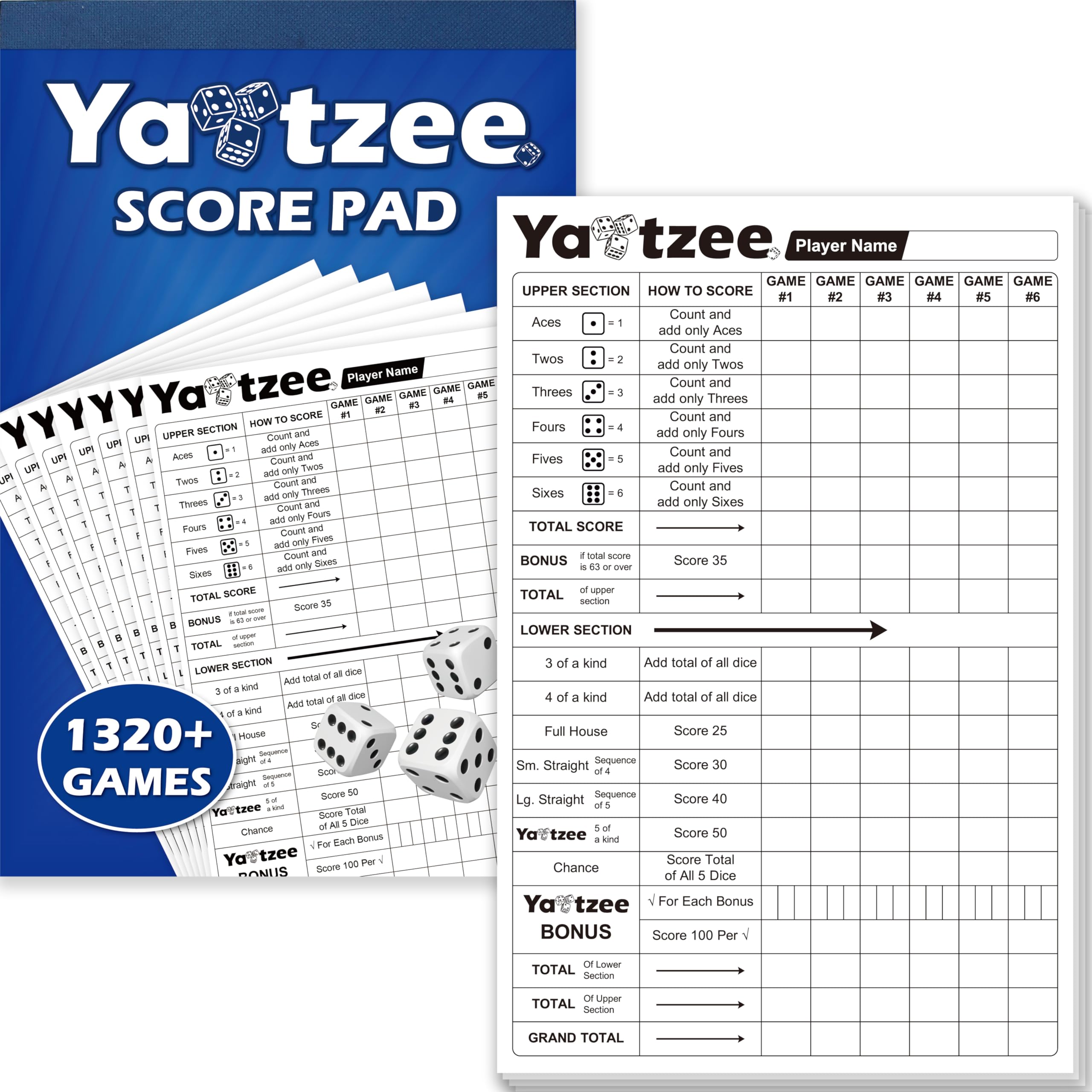 Gethelud 110 Sheets Score Pad for Yahtzee, 220 Tear-Off Pages Score Pad Large Print Score Keeper, Compatible for Yahtzee and Yardzee (6" x 9")