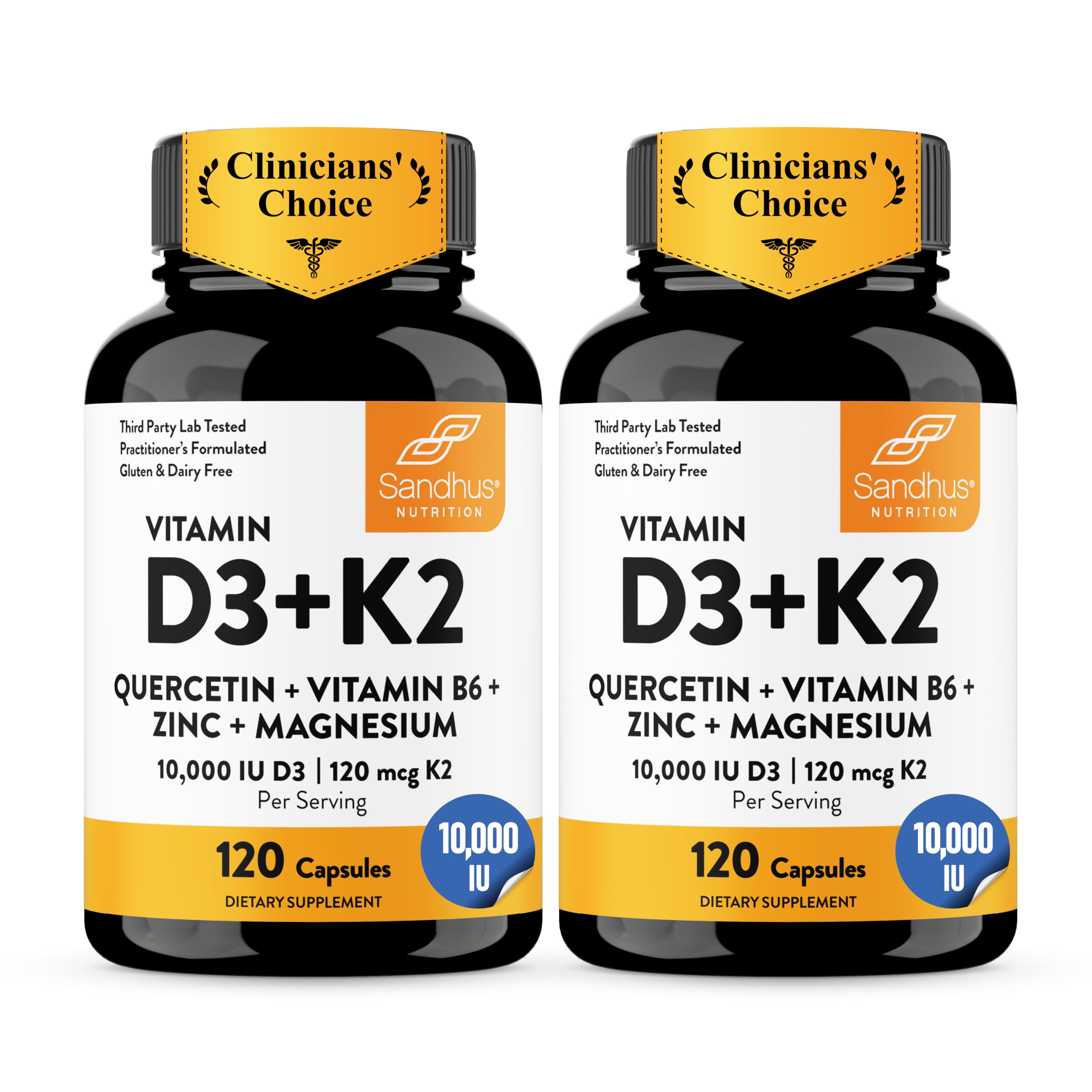 Vitamin D3 K2 10000 IU 120mcg Magnesium Zinc B6 Quercetin Capsules 240 Ct