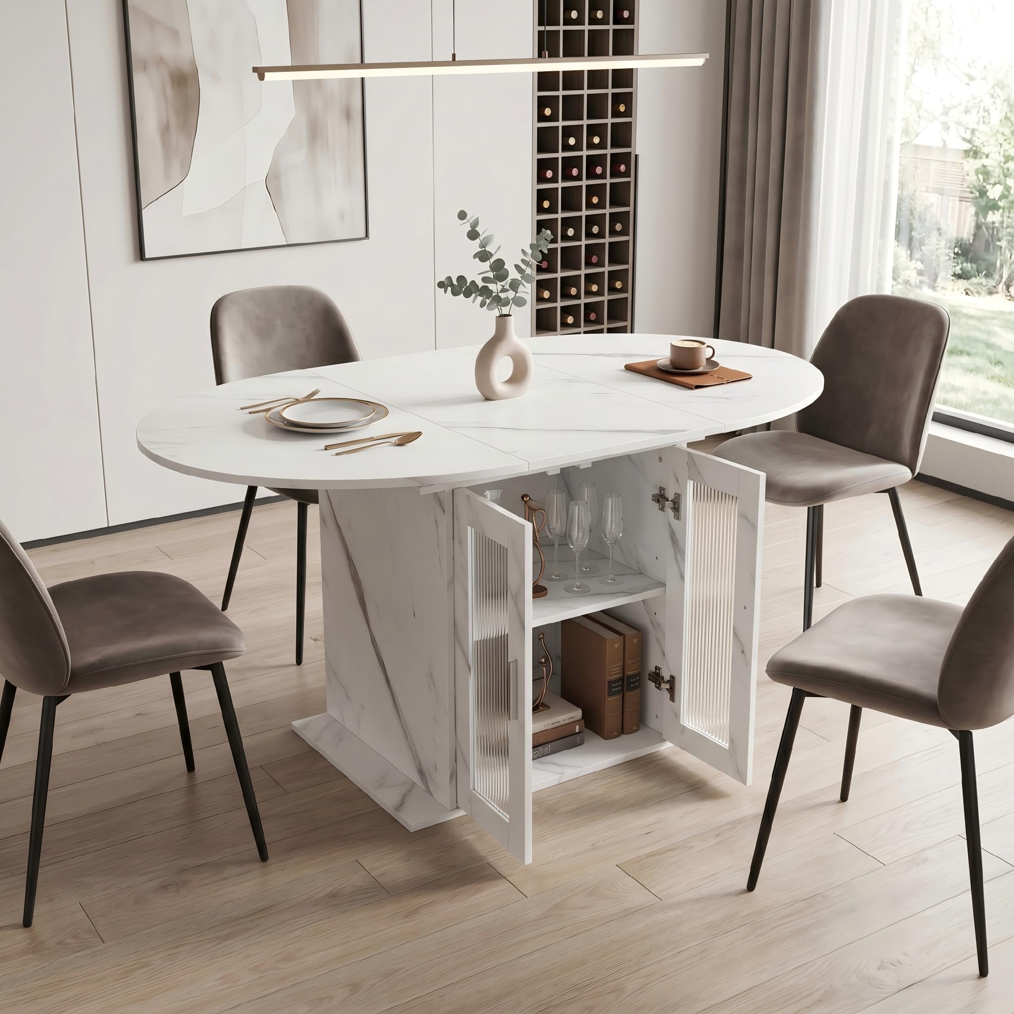 Tavolo da pranzo allungabile rotondo, 100-140 cm, tavolo da cucina con ripiani rimovibili, tavolo da pranzo rotondo ovale con vano portaoggetti, tavolo bianco per un piccolo frigorifero
