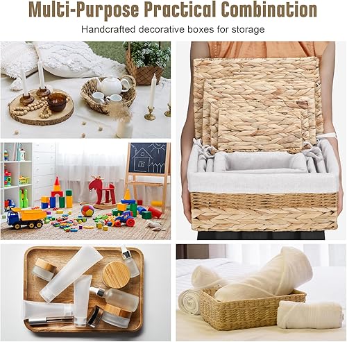 Miniatura 7 de Soaoo Juego de 4 cestas de almacenamiento de jacinto de agua con tapa, organizador rectangular de despensa con forro tejido natural, organizador de