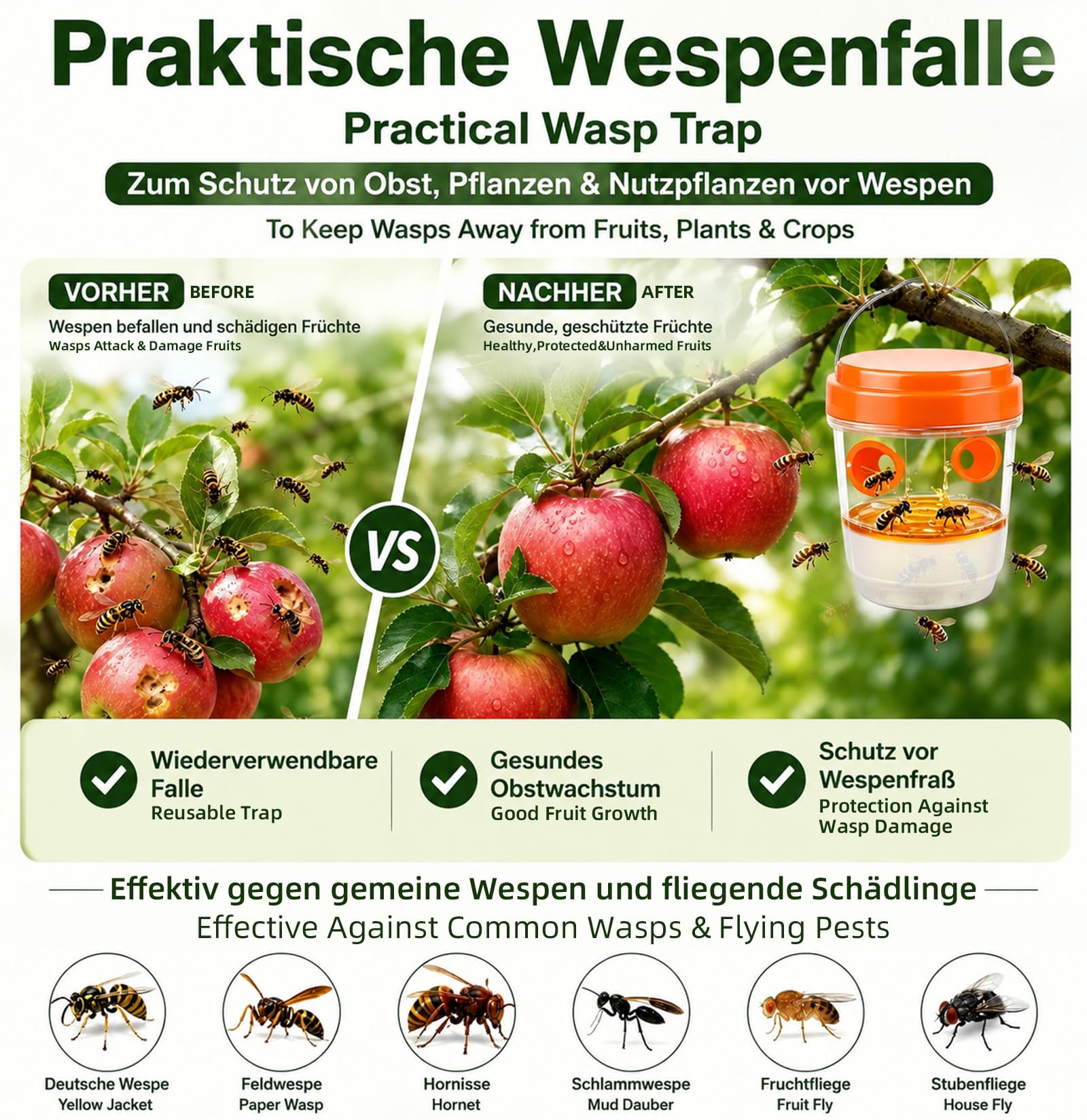3 Stück Wespenfalle, Öko Wespenfalle für Draußen, Wespen Abwehr mit Aufhängegriff, Insektenfalle Draußen, Mittel Gegen Wespen Vertreiben, Fliegenfalle, Wespenabwehr für Garten Obstgarten Hof Camping