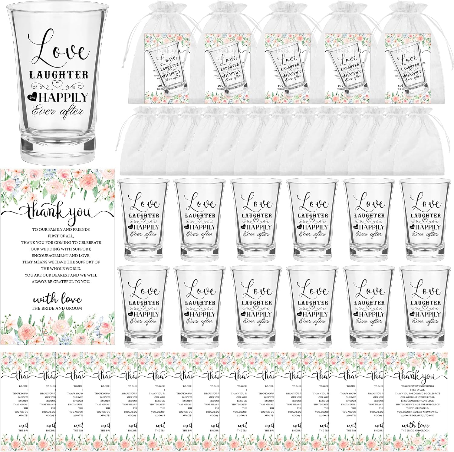 60 Sets Wedding Acrylic Clear Shot Glasses 1.5 oz Wine Shot Glasses Bulkwith FlowerThank You Cards Organza Bags Wedding Favors for Guests Bridal Shower Newlyweds Valentine's Day Gifts
