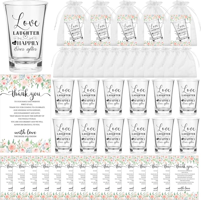 60 Sets Wedding Acrylic Clear Shot Glasses 1.5 oz Wine Shot Glasses Bulkwith FlowerThank You Cards Organza Bags Wedding Favors for Guests Bridal Shower Newlyweds Valentine's Day Gifts
