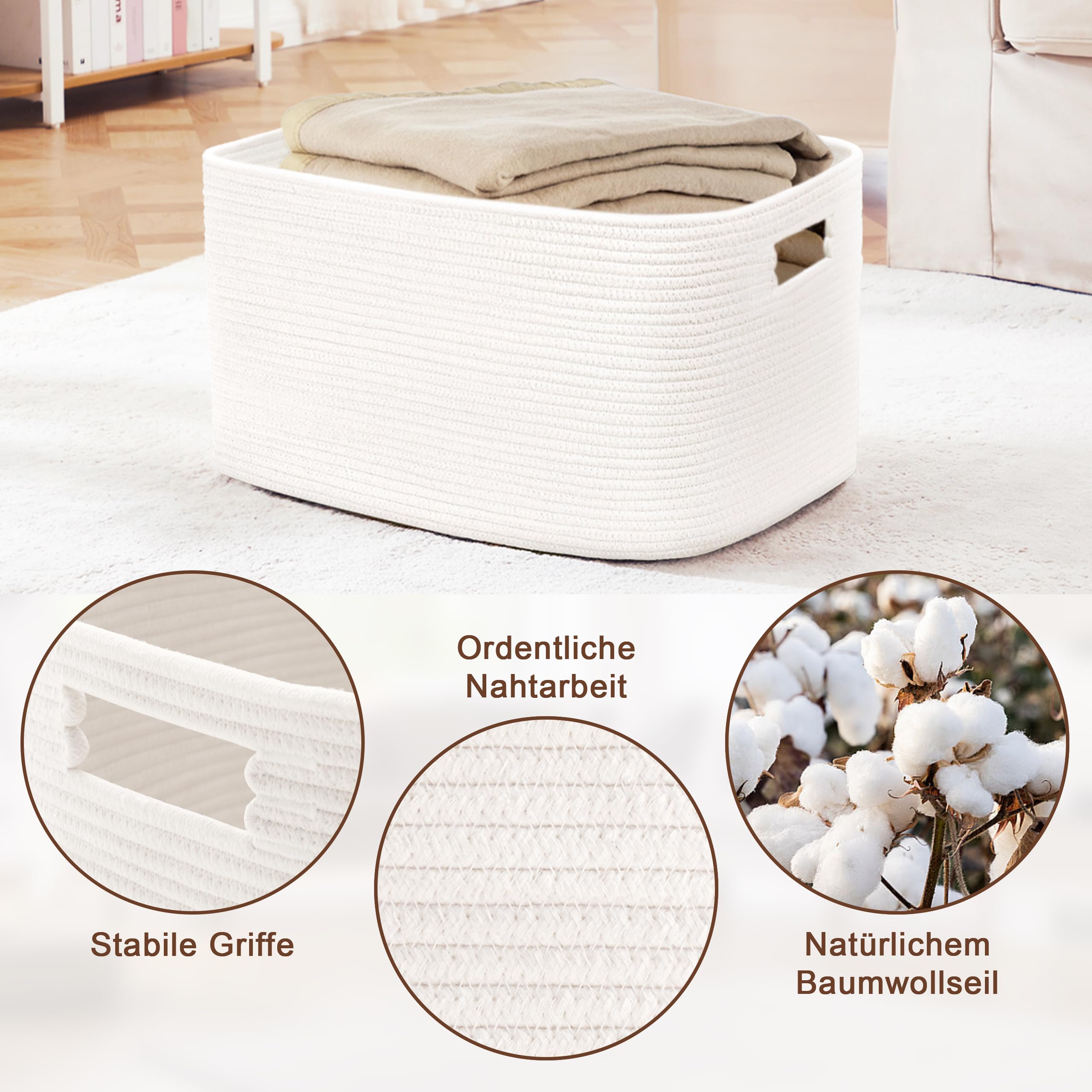 Cesta de almacenamiento pequeña de cuerda de algodón de 45 L, estilo bohemio, para juguetes, mantas, cesto de la colada, cesta para la colada, para el salón, la habitación de los niños