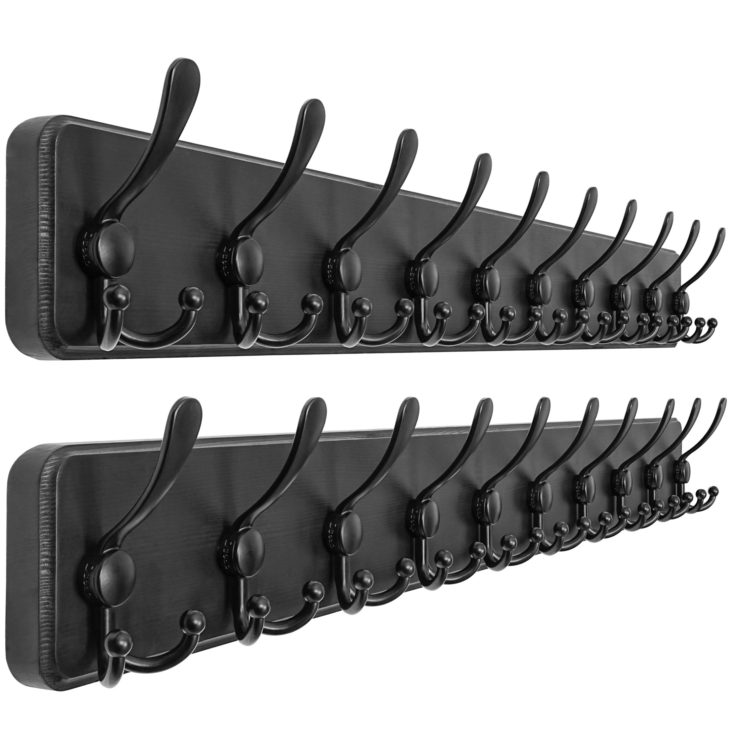 Dseap Coat Rack Wall - Heavy-Duty 97cm Long, with Reinforced 10 Custom Tri-Hooks, Solid Wood Wall Hanger for Coats Hat Jackets - Rustic Farmhouse Entryway Storage, Black, Pack of 2