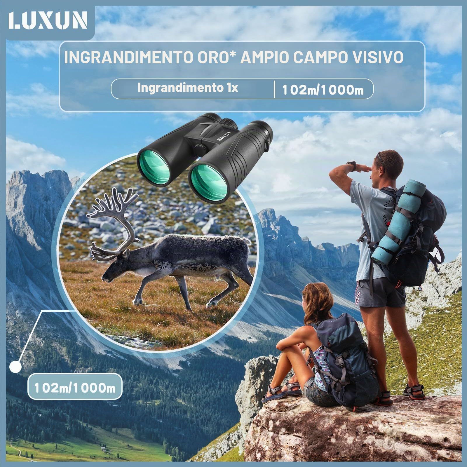 LUXUN Binocolo 10 x 42 per adulti, binocolo HD per caccia, birdwatching e escursioni, safari, obiettivo FMC con adattatore per cellulare