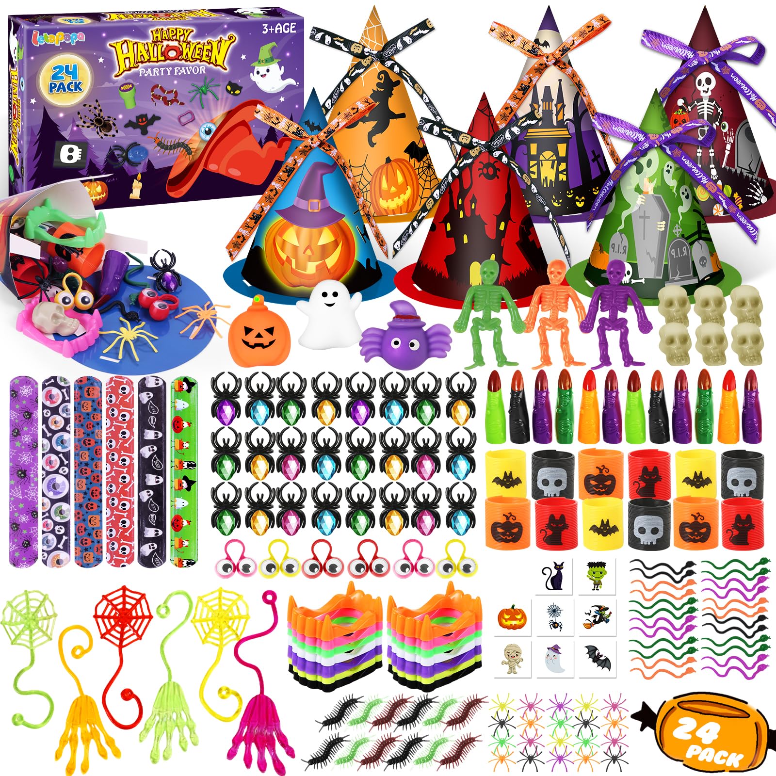 Letapapa 234 PCS Halloween Party Favors for Kids, 24 Pack Witch Hat Treat Bags Filled with Halloween Toys Bulk, Halloween Goodie Bag Fillers for Trick or Treat, Non-Candy Gift School Classroom Prize