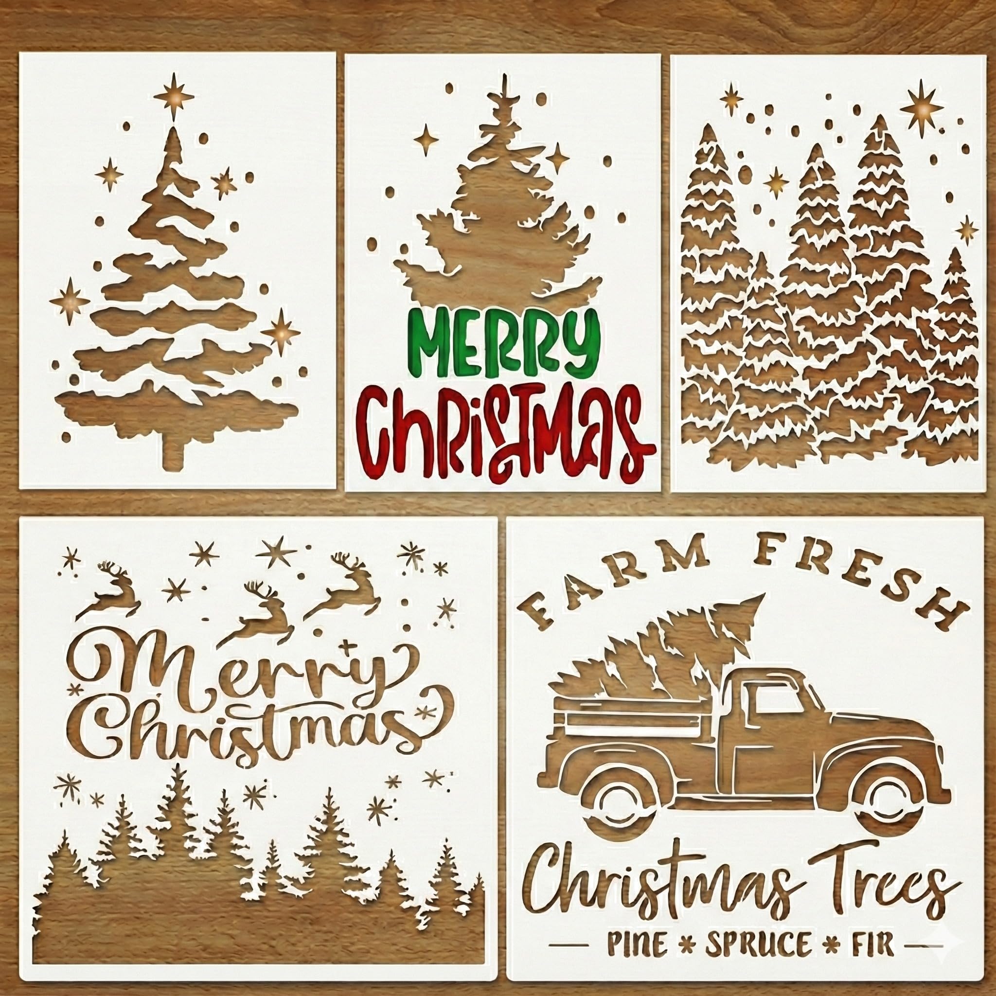 Christmas Stencils for Painting on Wood - Reusable Templates with a Merry Christmas and Tree Stencil - Large Holiday Stencils for Signs, Art & DIY