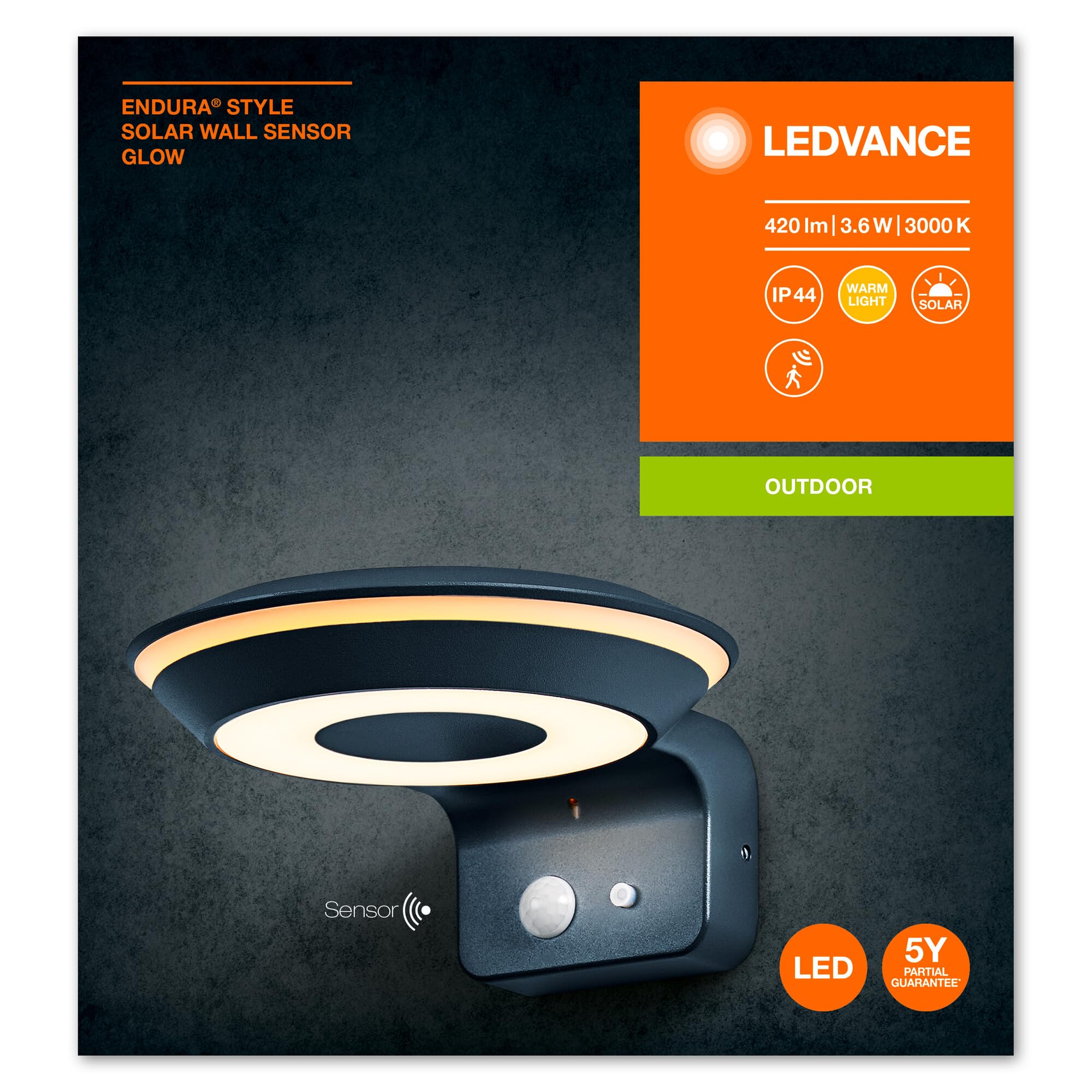 LEDVANCE Applique murale solaire ENDURA Style Glow, deux anneaux lumineux contrôlables séparément, lumière blanc chaud 3000K, capteur intégré, utilisable sans alimentation, protection IP44, gris foncé