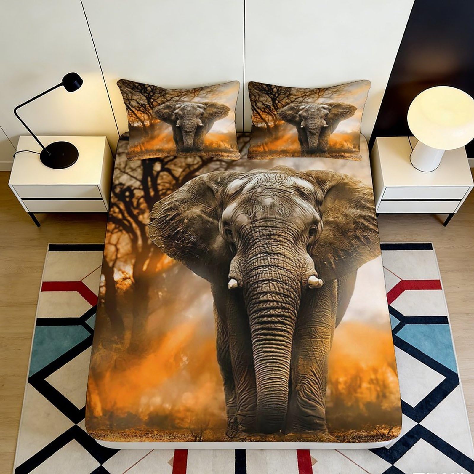 3D Printed African Elephant Fitted Sheet Microfiber Deep Pocket Non-Slip Bedroom Elephant Mattress Fitted Cover Wrap 200x200x25cm 90x200x25cm