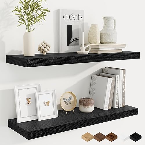 Miniatura 12 de Fun Memories Estantes flotantes para pared, estantes de pared de madera rústica de 24 pulgadas para baño, dormitorio, sala de estar, estantes Negro,