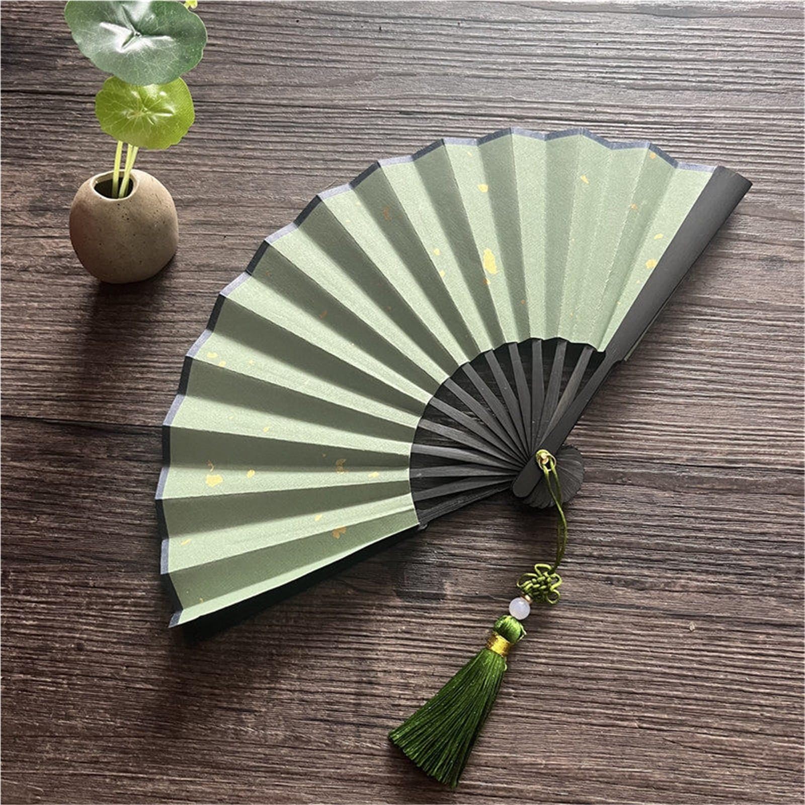 SXTYYH Folding Hand Fan Tassel, Mini Classical Multicolor Gold Sprinkled Xuan Paper Handheld Fan for Women Foldable, Folding Fans for Line Dancing, Hanfu Photo Prop(4in,Green A)