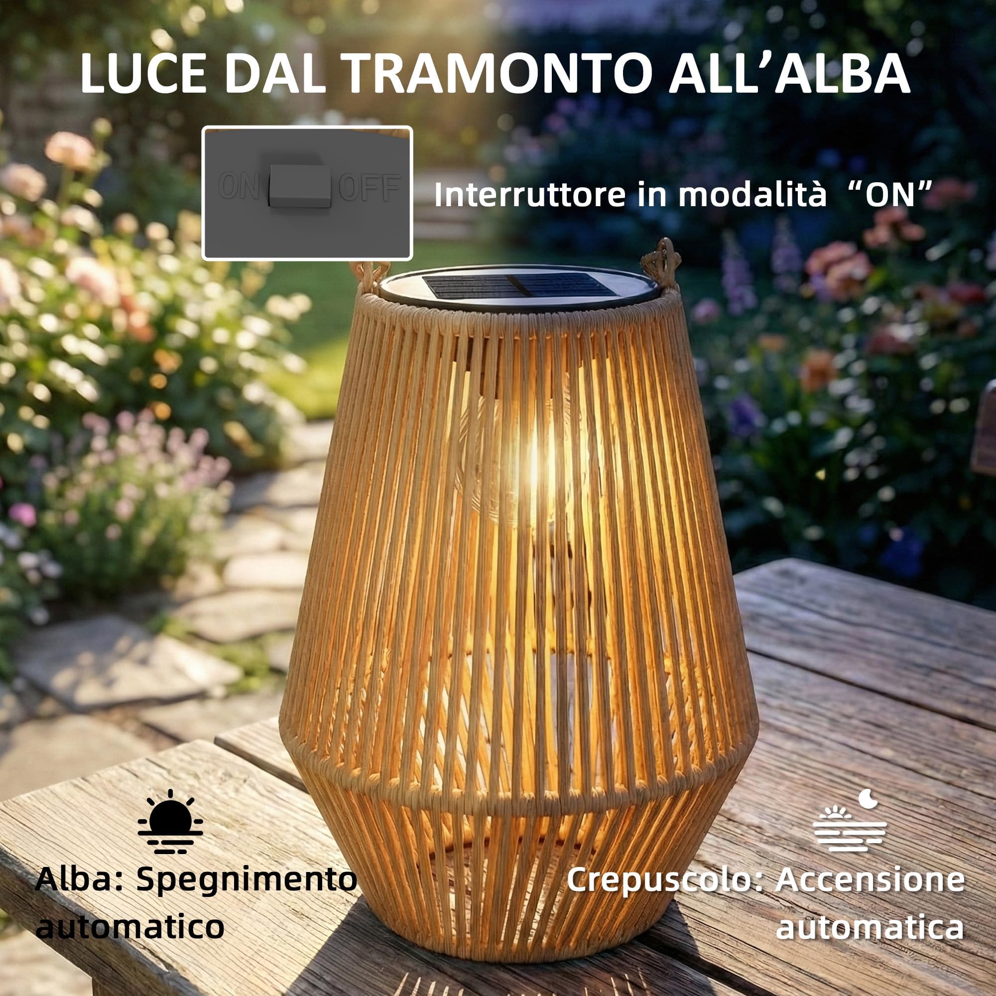 Lot de 2 lanternes tressées auto-éclairantes à énergie solaire pour décoration d'ambiance de camping et de jardin