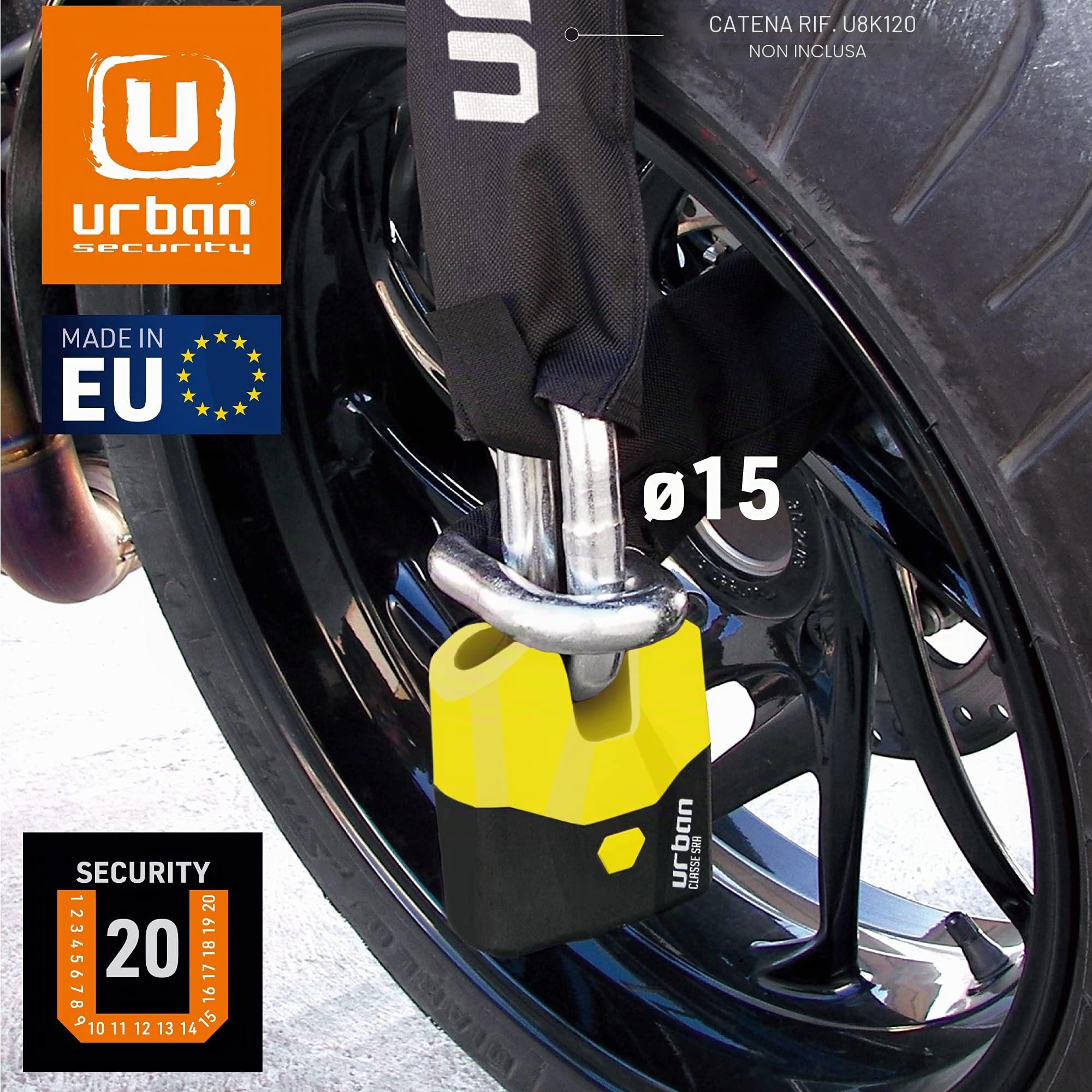 URBAN U8K Lucchetto Antifurto ad Alta Sicurezza per Moto Scooter, Serratura per Porta, Lucchetto per Container, Combinazione Catena Moto, 3 Chiavi di Sicurezza, Made in EU, ø15