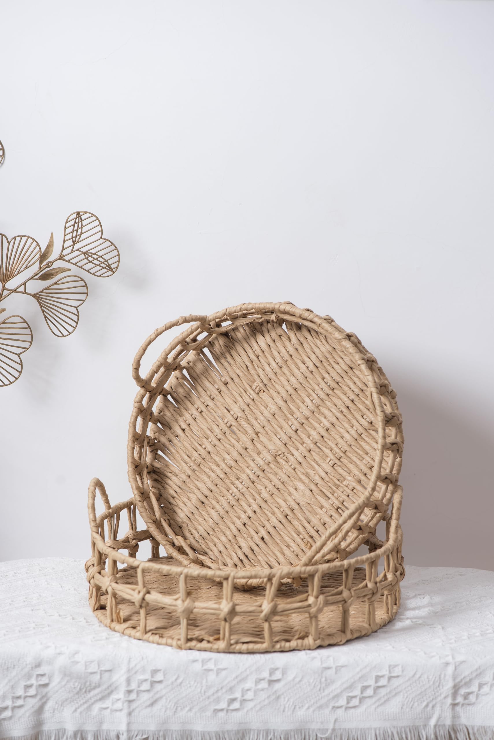 Premium Braided Paper Rope Wicker Tray Set of 2| Rattan-Inspired Woven Round Serving Tray with Handles | Eco-Friendly Organizer for Kitchen, Bathroom, Fruits & Home Décor (32 cm & 29 cm)-image-34