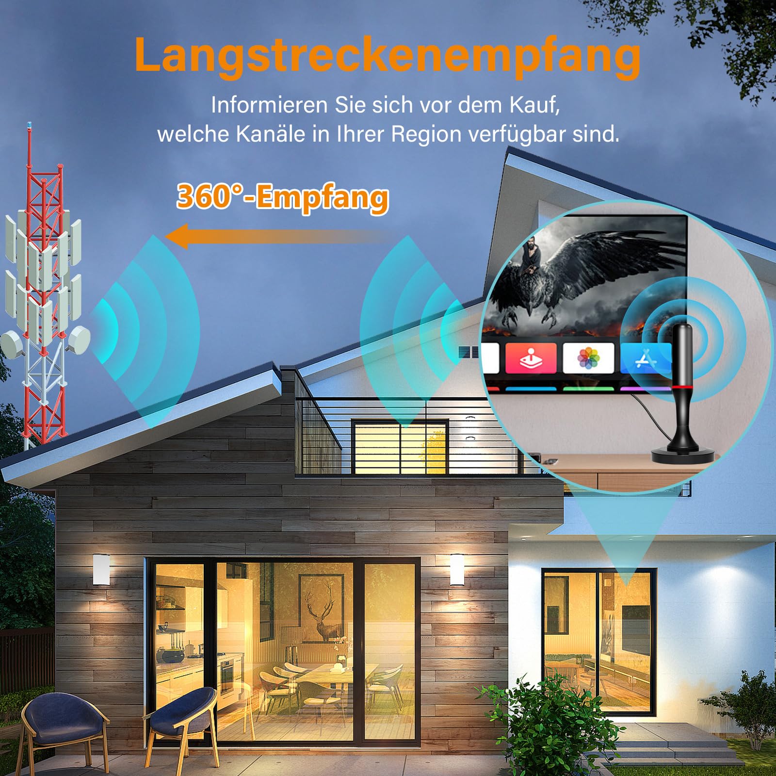 DVB-T/DVB-T2 Antenne, DVB-T2 Antenne mit Verstärker für Innen, Zimmerantenne für Fernseher, Indoor TV Antenne mit Magnetfuß, 360° HD-Empfang, 3m Kabel für 4K Smart TVs DAB/VHF/UHF