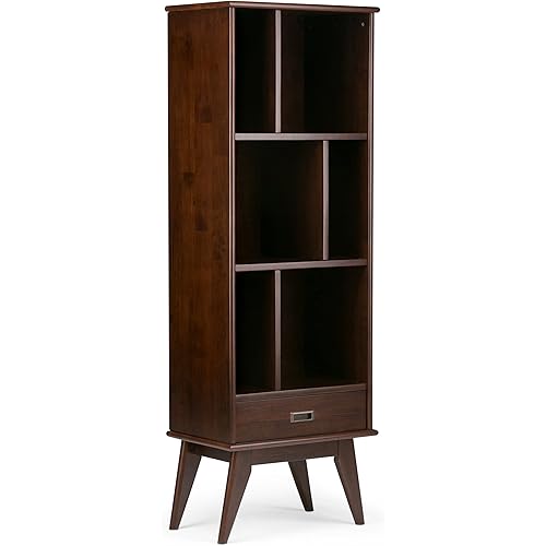 SIMPLIHOME Draper SOLID HARDWOOD 64 inch x 22 inch Mid Century Modern Bookcase and Storage Unit in Medium Auburn Brown with 6 Shelves, for the Living Room, Study and Office
