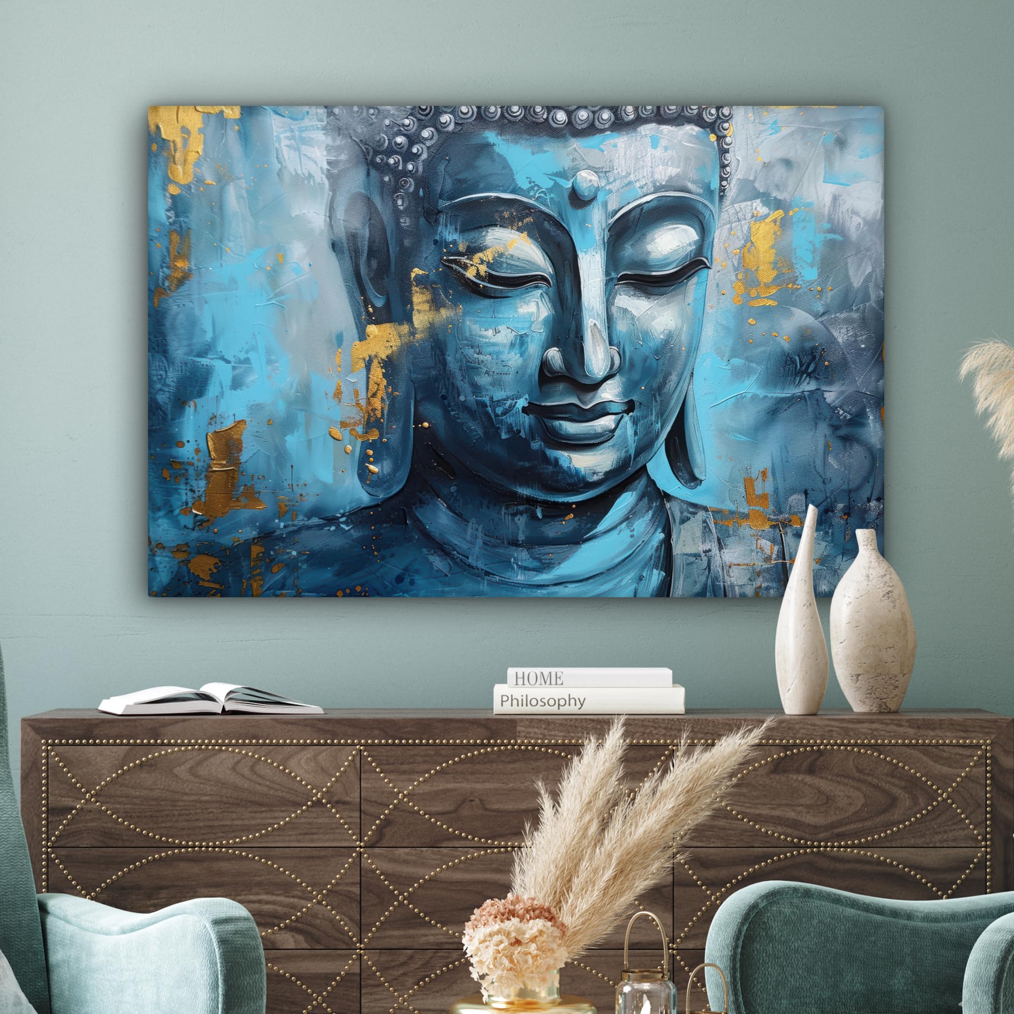 MuchoWow© Leinwand Bilder Groß 120x80 cm XXL Wanddeko Wohnzimmer Aesthetic Room Decor Deko Zimmer Wandbilder Modern Bild auf Leinwand Buddha - Zen - Blau - Gold - Luxus - Kunst