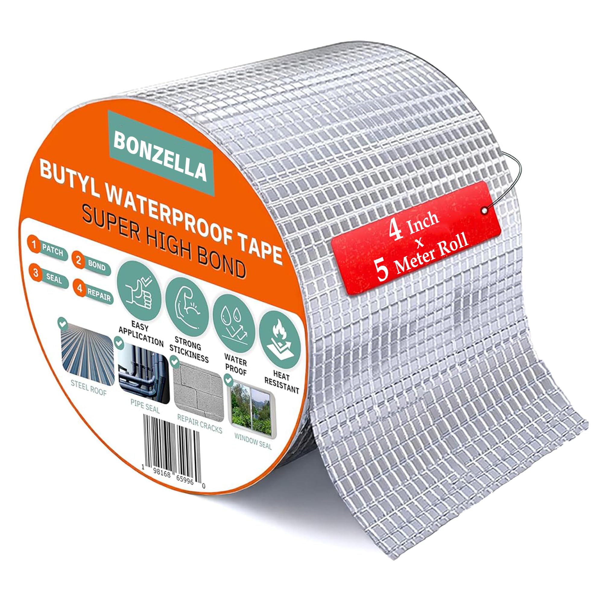 BONZELLA Waterproof Tape for Roof & Pipe Leakage Solution 4in x 5m Roll,Strong Adhesive Aluminum Foil Butyl Rubber Waterproofing Tape for Repair Water Tank leakage Seal Tape,Silver (4 Inch (10CM*5M))