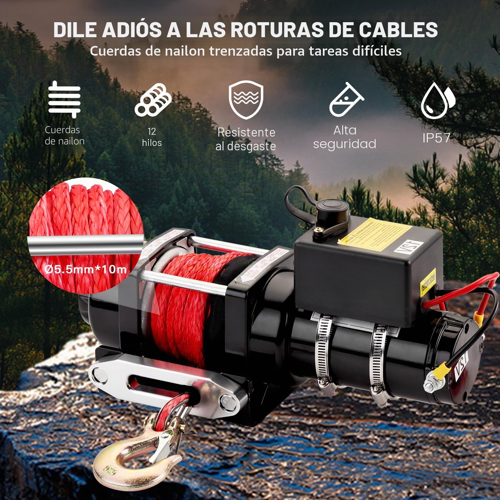 TEENO Cabrestante Eléctrico 12V 4 500 LBS / 2041 Kg, Cuerda Sintética 5.5 mm x 10 m, Control Remoto Inalámbrico Cabrestante de Cuerda de Nylon con Controlador por Cable