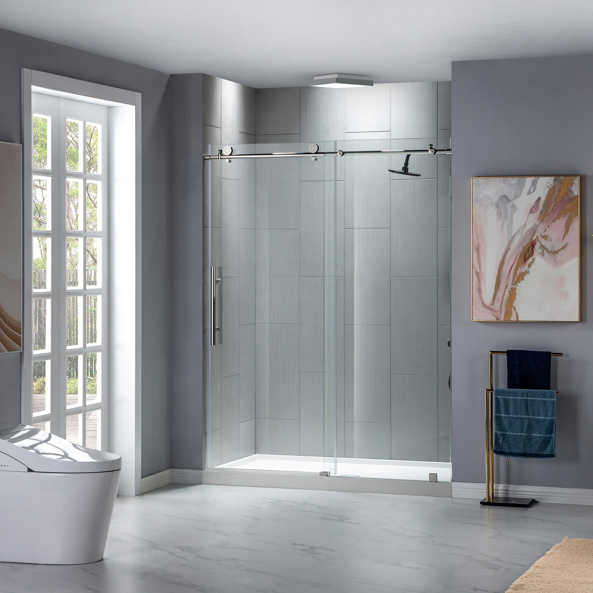 Woodbridge Frameless Sliding Shower Door, 56"-60" Width, 76" Height, 3/8" (10 mm) Clear Tempered Glass, Chrome Finish, Designed for Smooth Door Closing