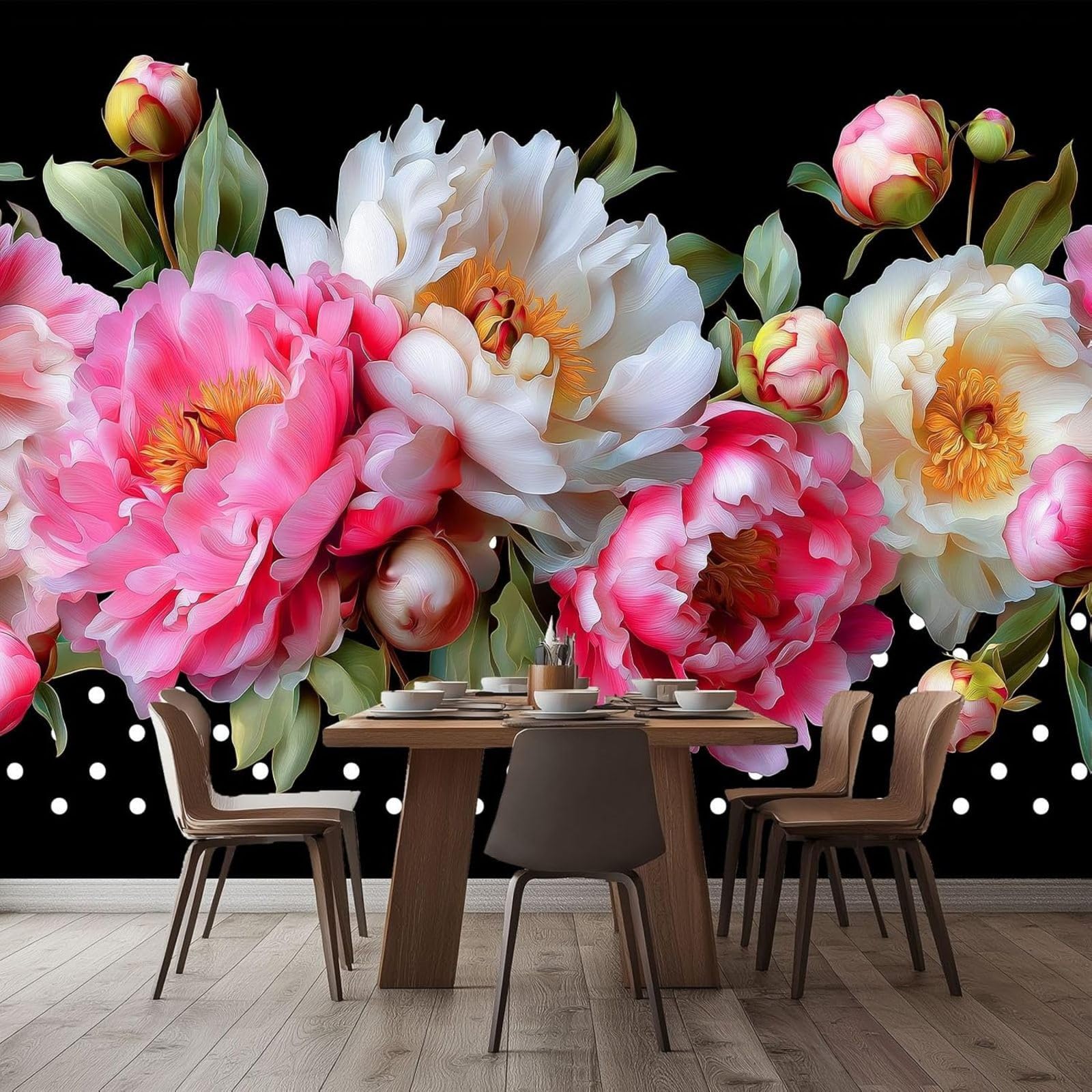 pdghsdkgjh Retro Floral Non-Woven Photo Wallpaper with Dots and Peony Design, Modern Wall Decoration for Living Room and Children's Room – Pink, 300cm x 210cm Stickers - Frameless Painting - Poster