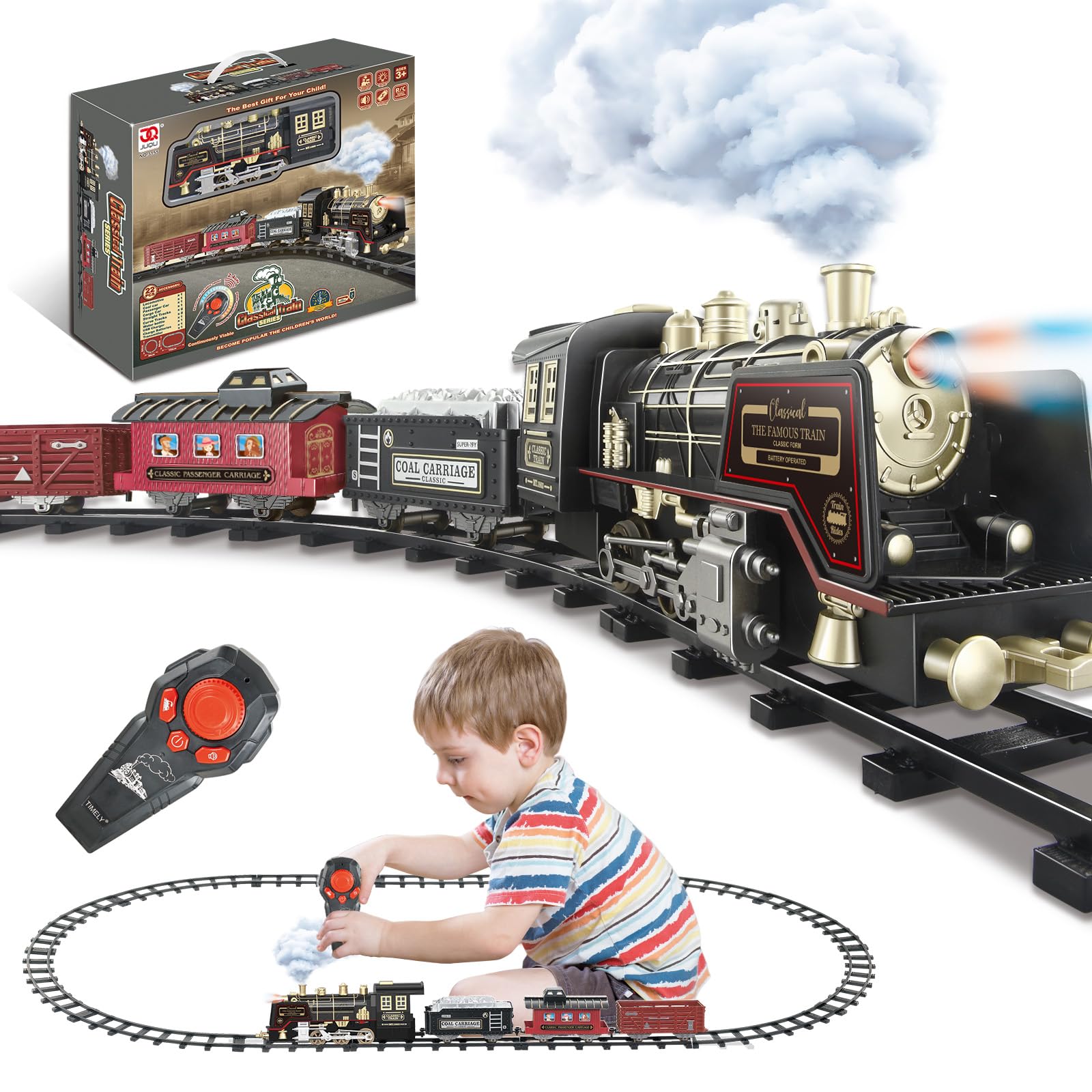 JQ JUQU Remote Control Train Set for Kids Ages 3-12 - Electric Steam Toy Train with Smoke, Lights and Sounds, Battery Operated Model Train with Tracks