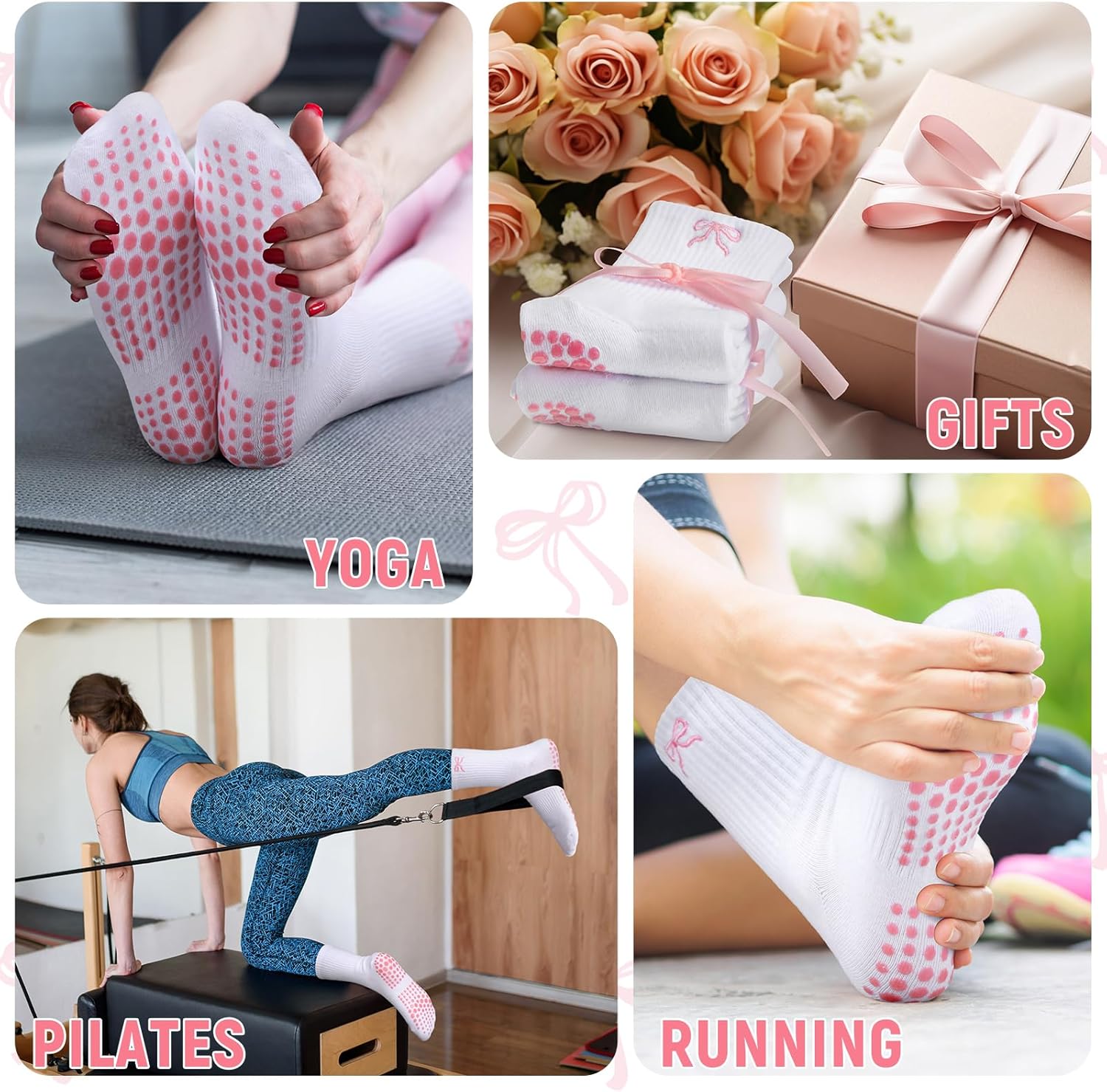 Jeyiour 5 Pairs Coquette Bow Socks for Women Pure Cotton Non Slip Pilate Grips Socks with Embroidered for Yoga Barre Ballet - Image 7