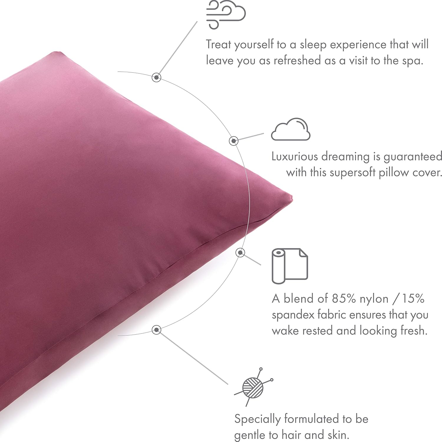 PILLOWY Ultra Silk Like Beauty Pillow Cover - Blend of 85% Nylon and 15% Spandex Means This Cover is Designed to Keep Hair Tangle Free and Helps Skin - Bonus Matching Hair Scrunchie, Burgundy, King